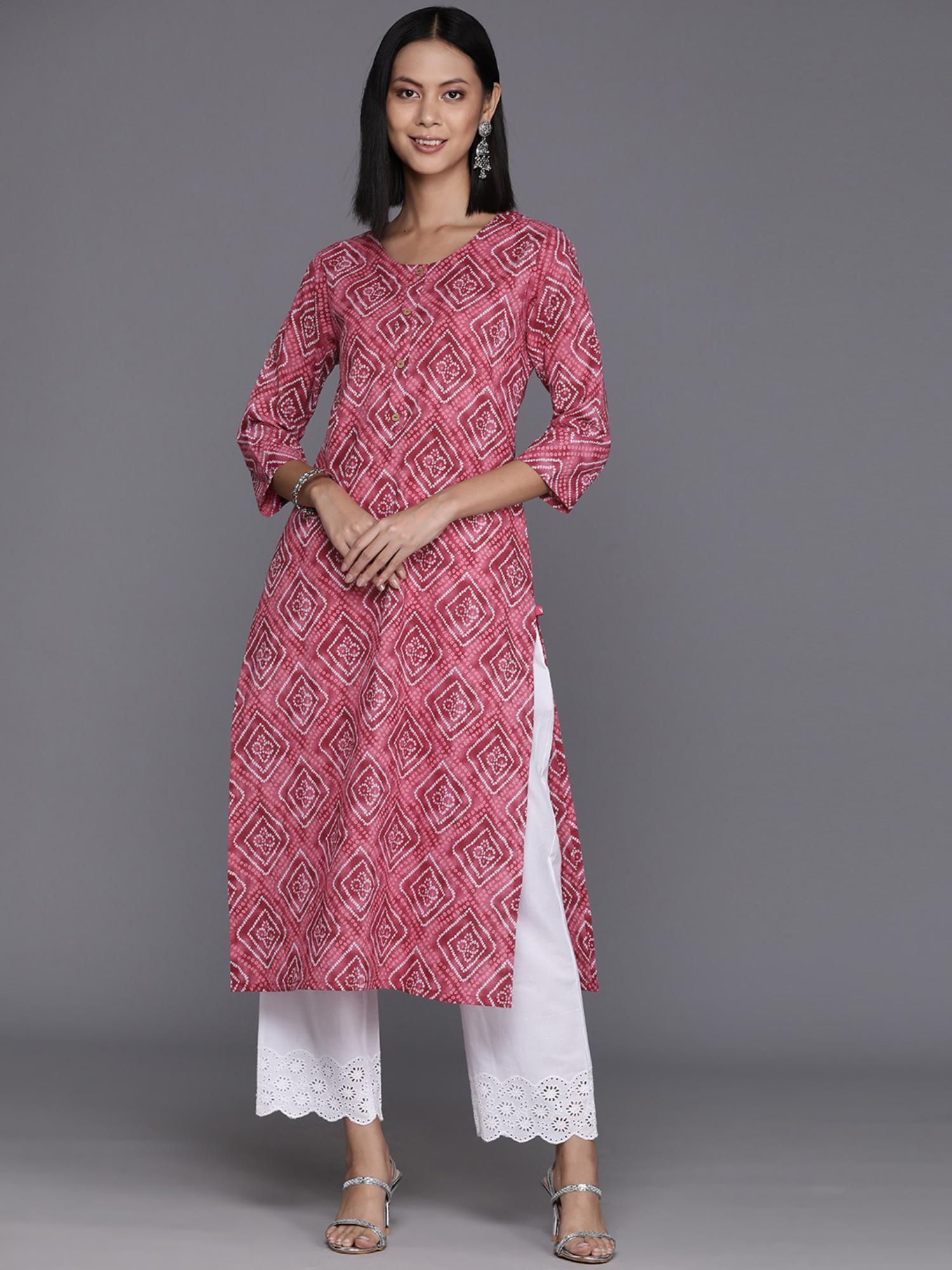 women pink bandhani printed straight kurta with three quarter sleeves