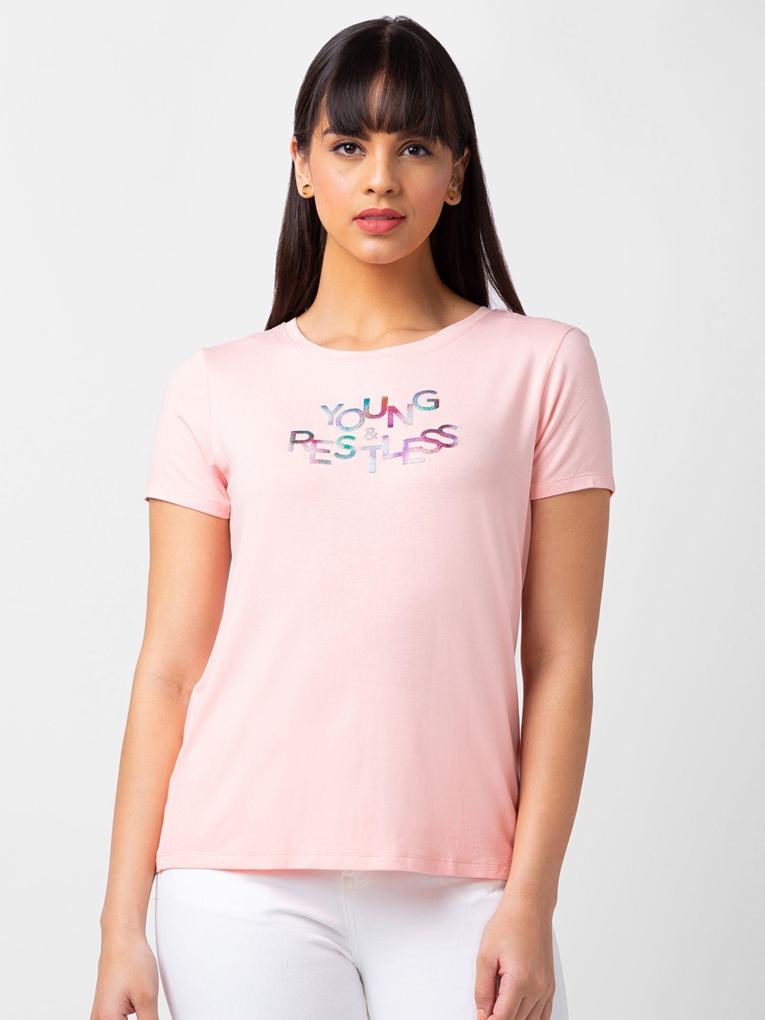 women pink blended regular fit half sleeve printed t-shirt