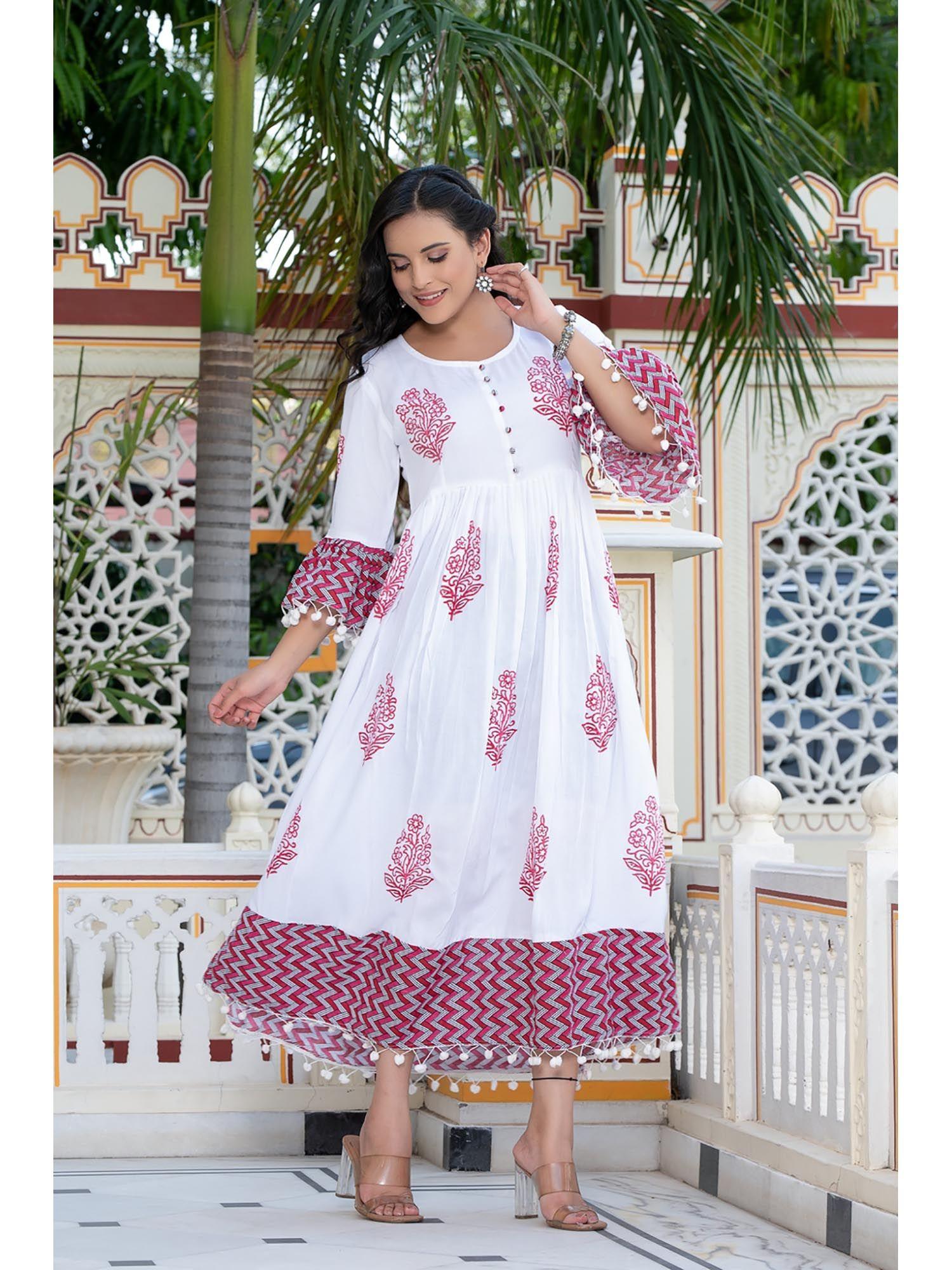 women pink block printed flared kurta