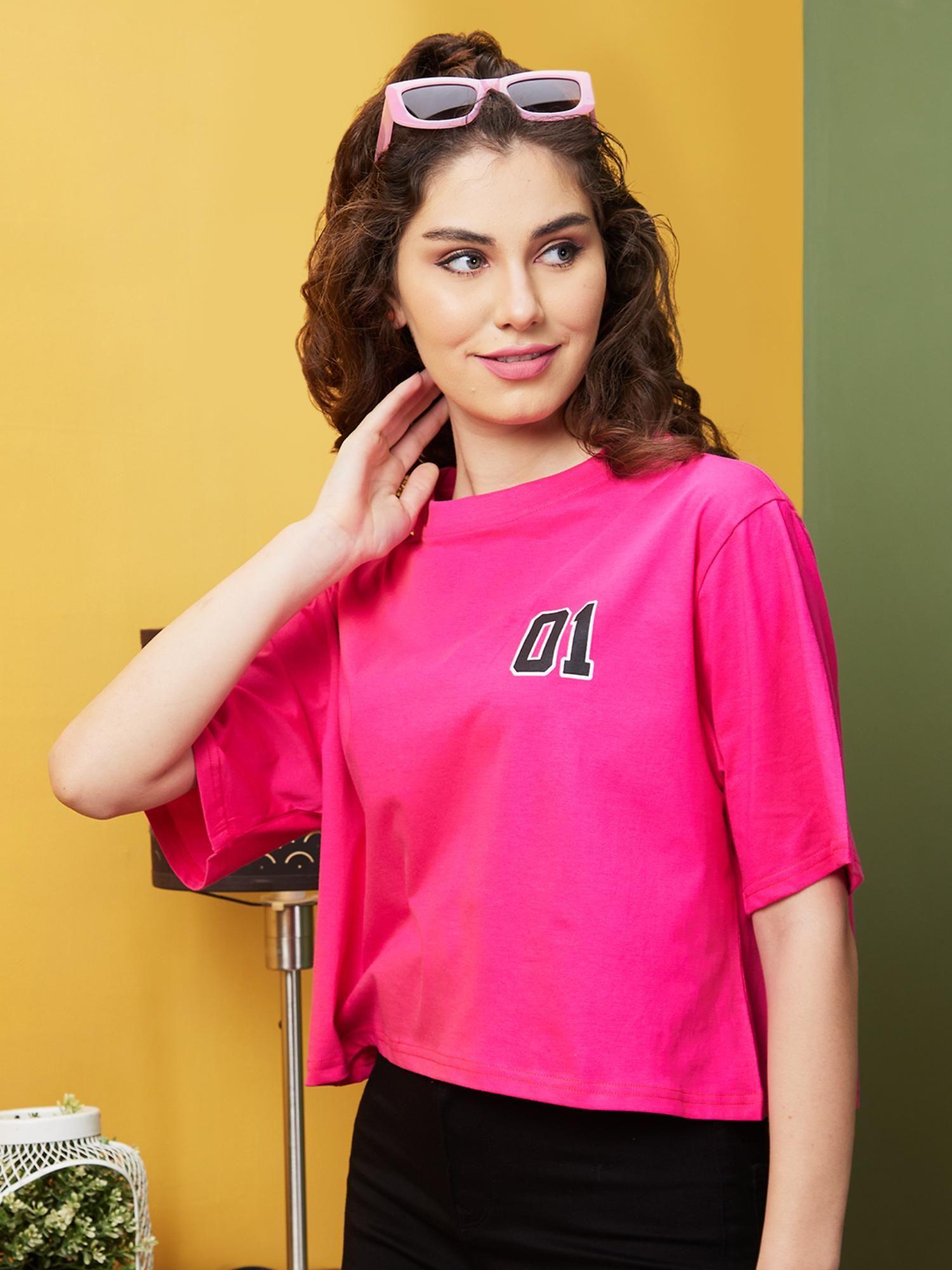 women pink boxy fit typography round neck t-shirt