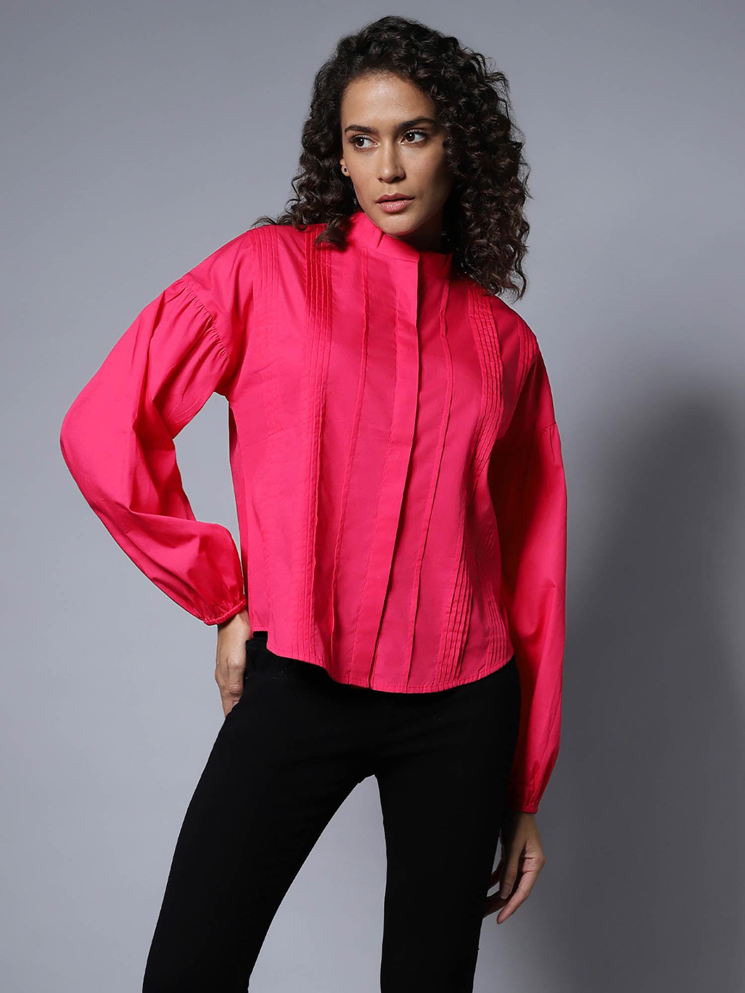 women pink boxy long sleeves spread collar cotton shirts