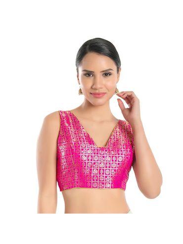 women pink brocade readymade saree blouse