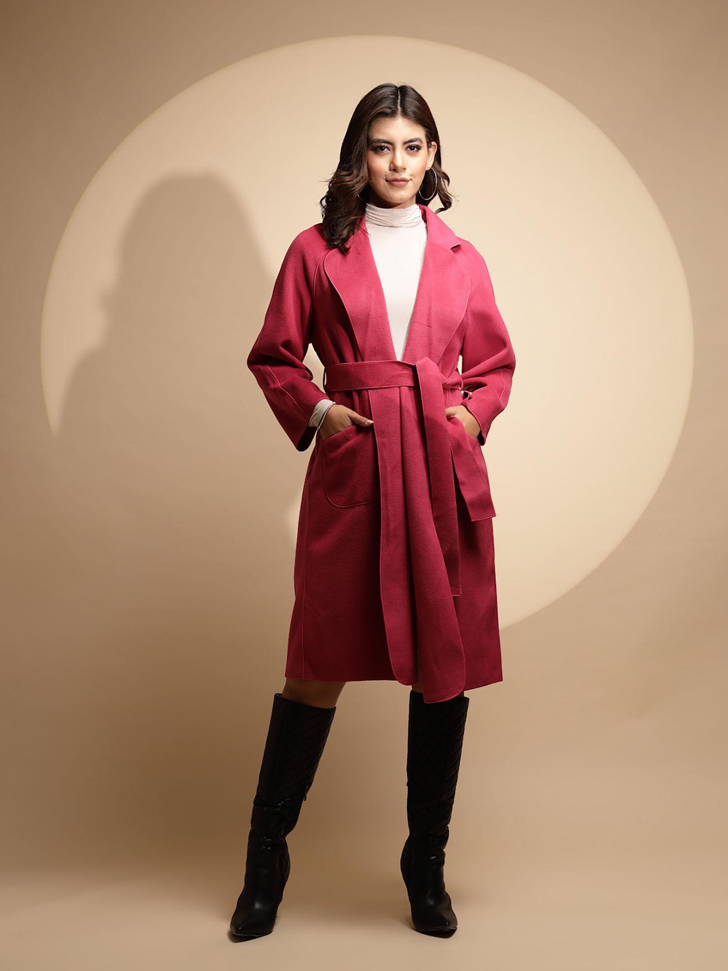 women pink casual suede long wrap coat (set of 2)