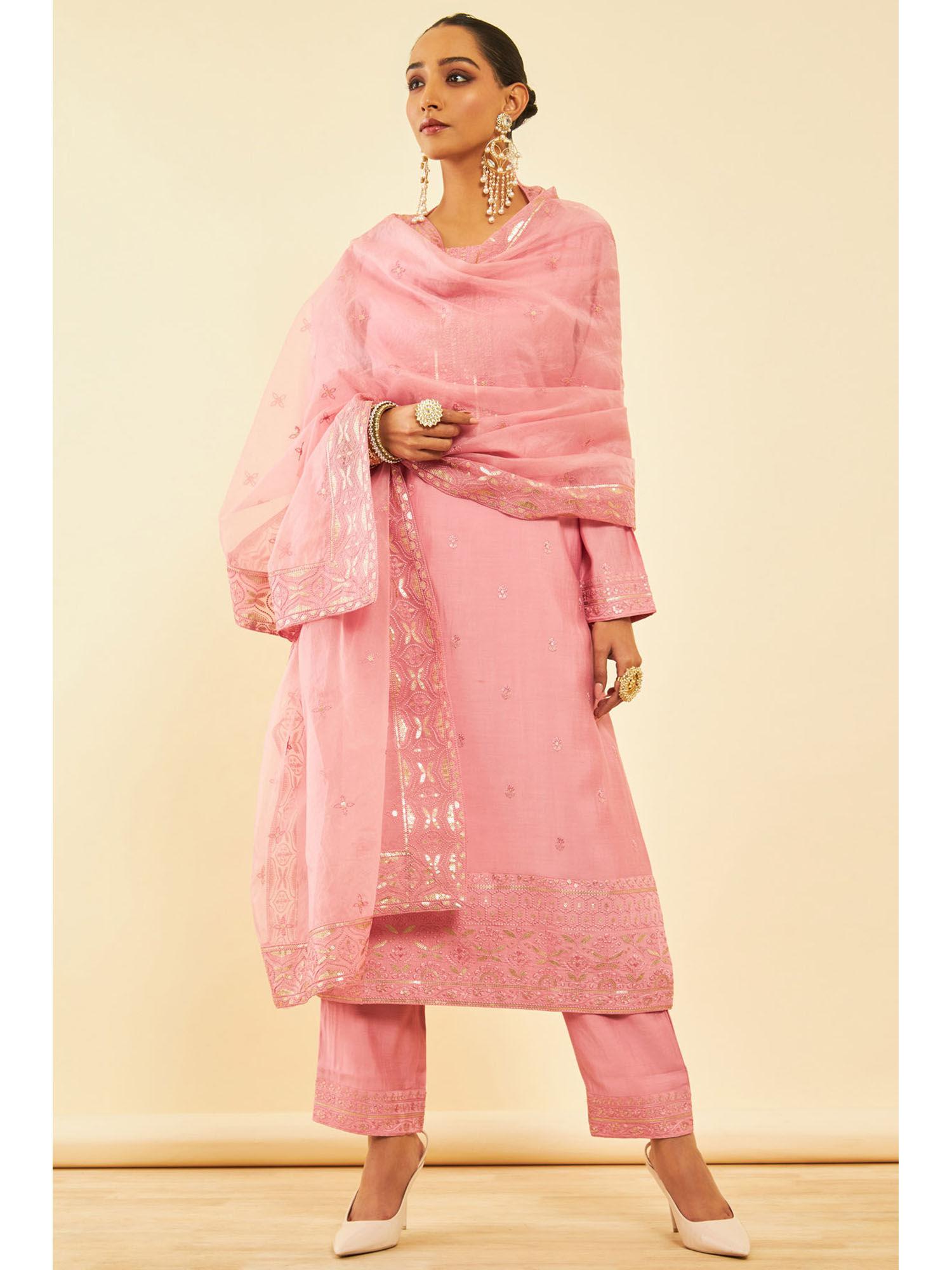 women pink chanderi embroidered kurta with pant & dupatta (set of 3)