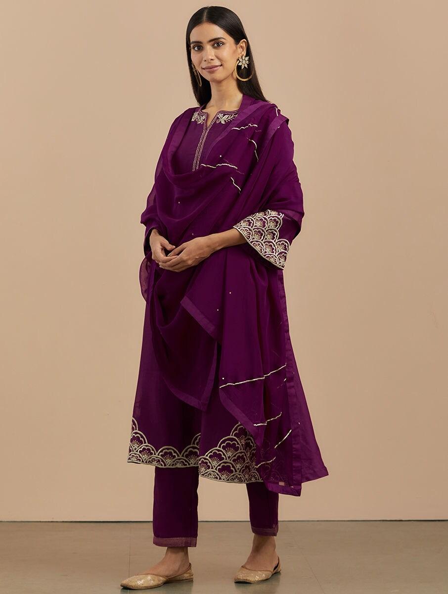 women pink chanderi silk embroidered round neck straight kurta , pant & dupatta