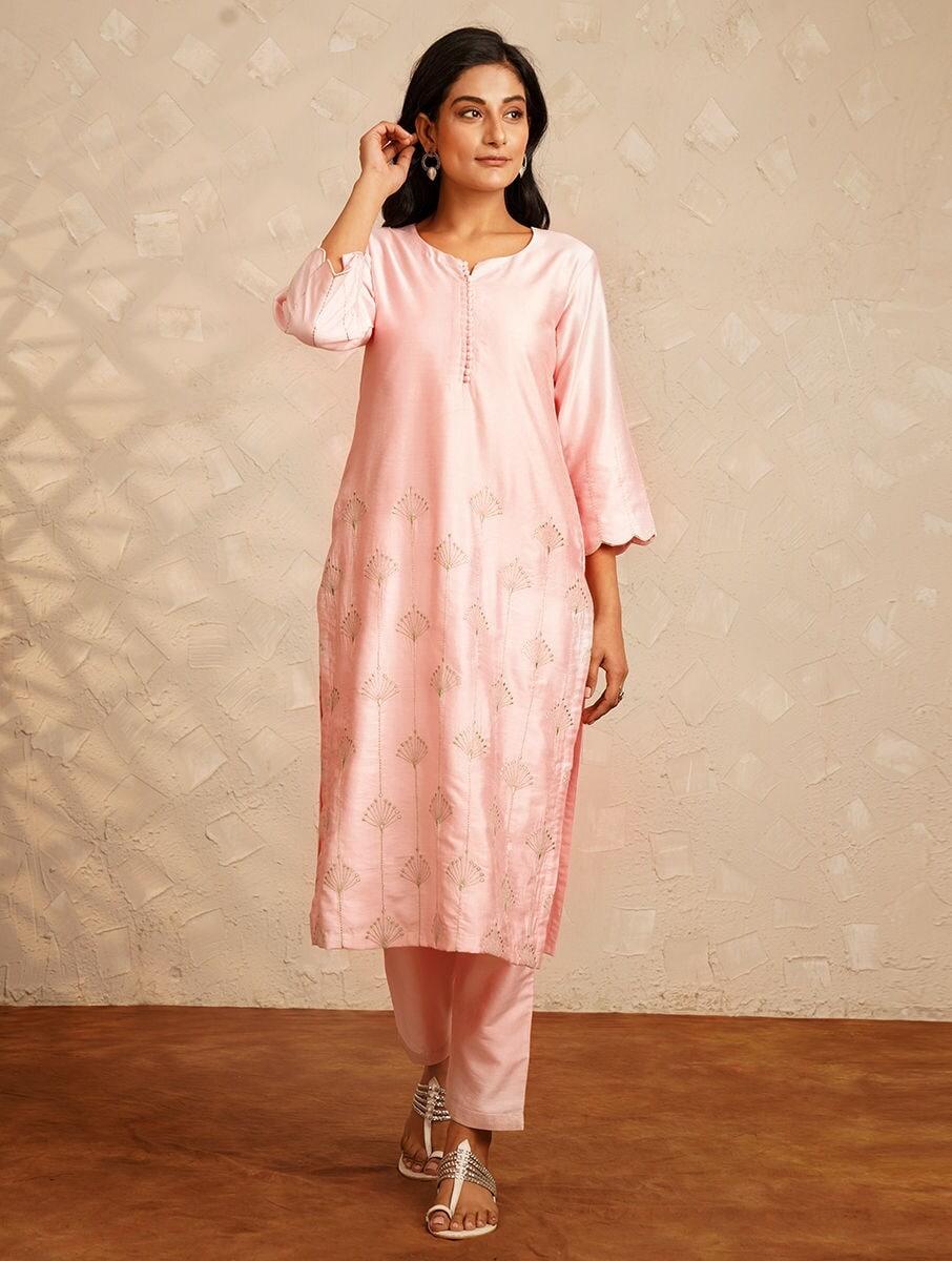 women pink chanderi silk solid round neck regular fit kurta