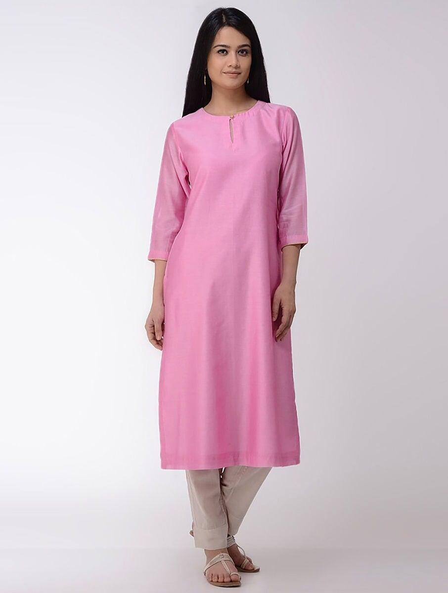 women pink chanderi silk solid round neck straight fit kurta