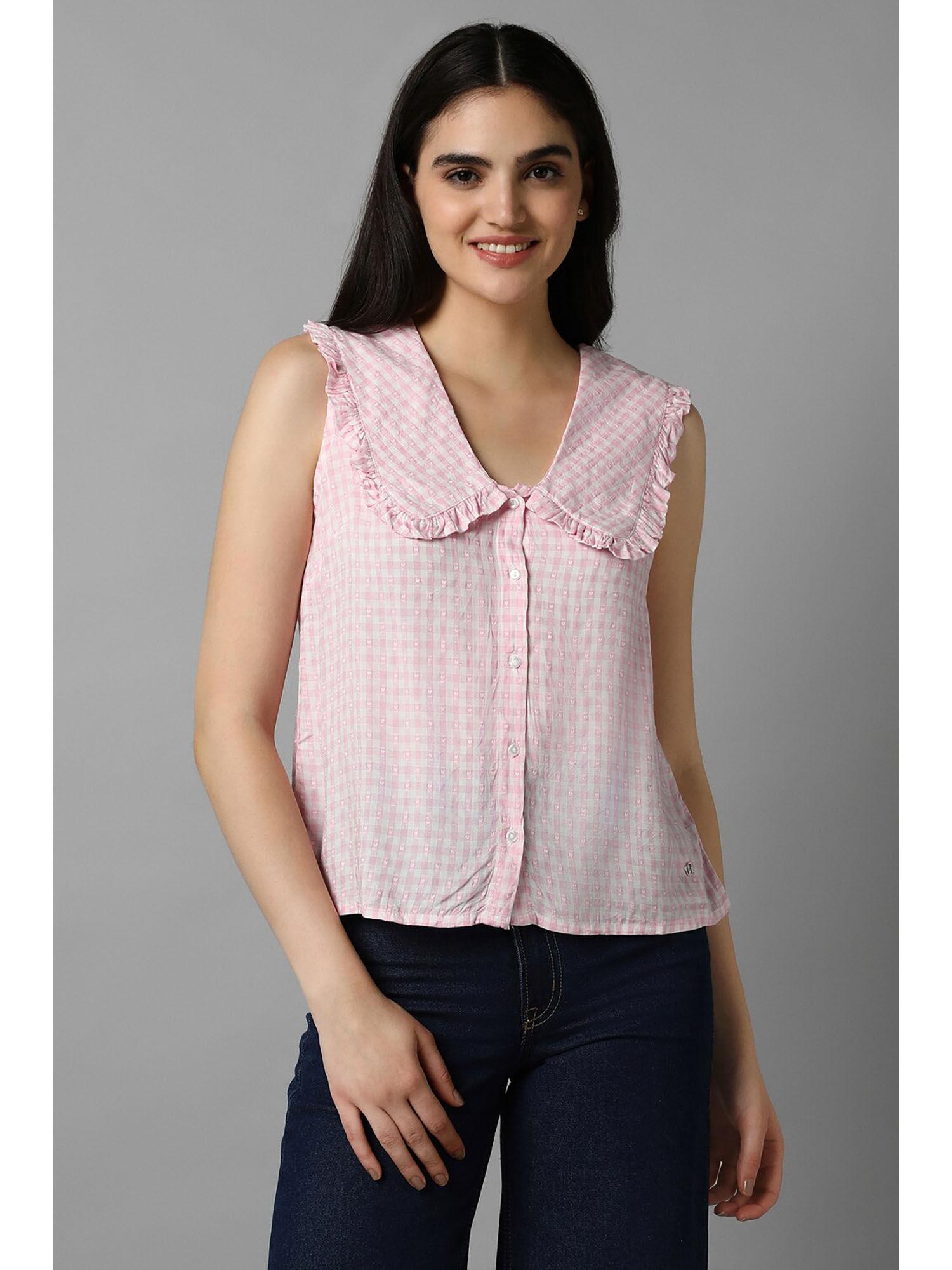 women pink check casual top