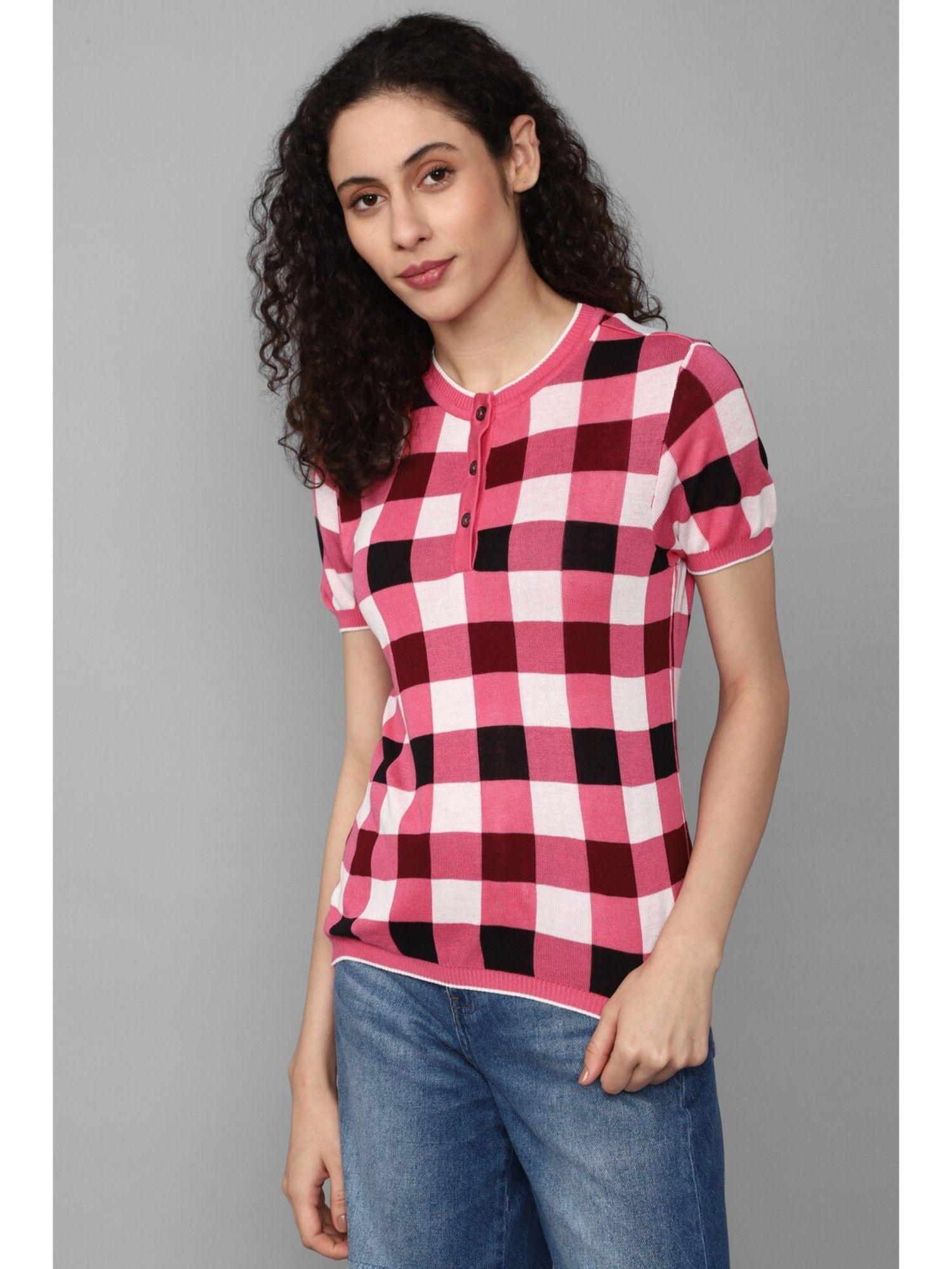 women pink check casual top