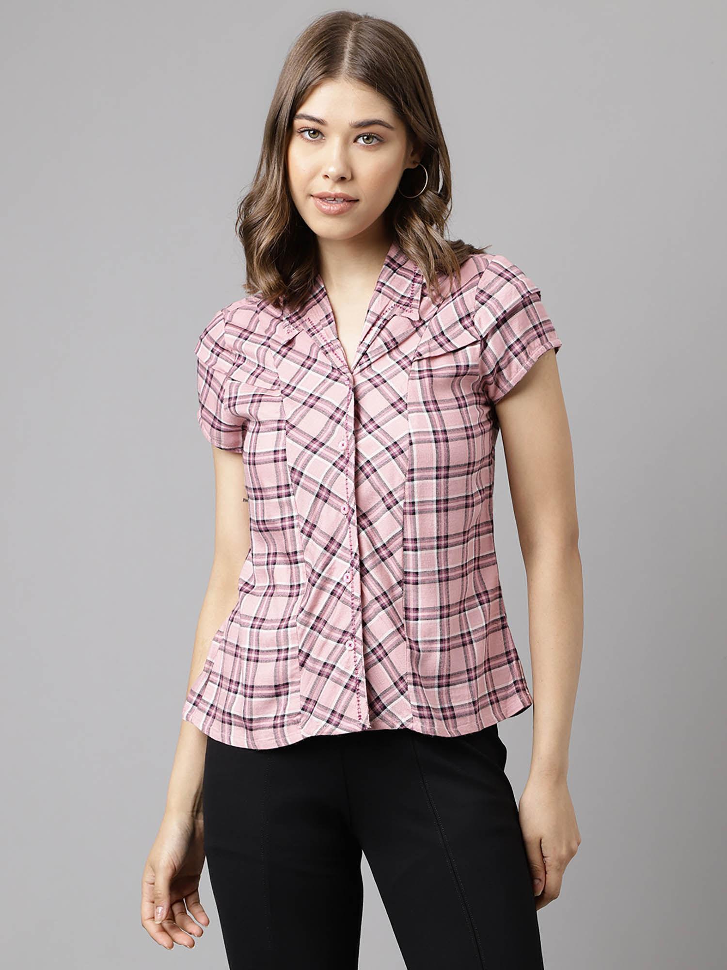 women pink color checkered half sleeve casual shirt