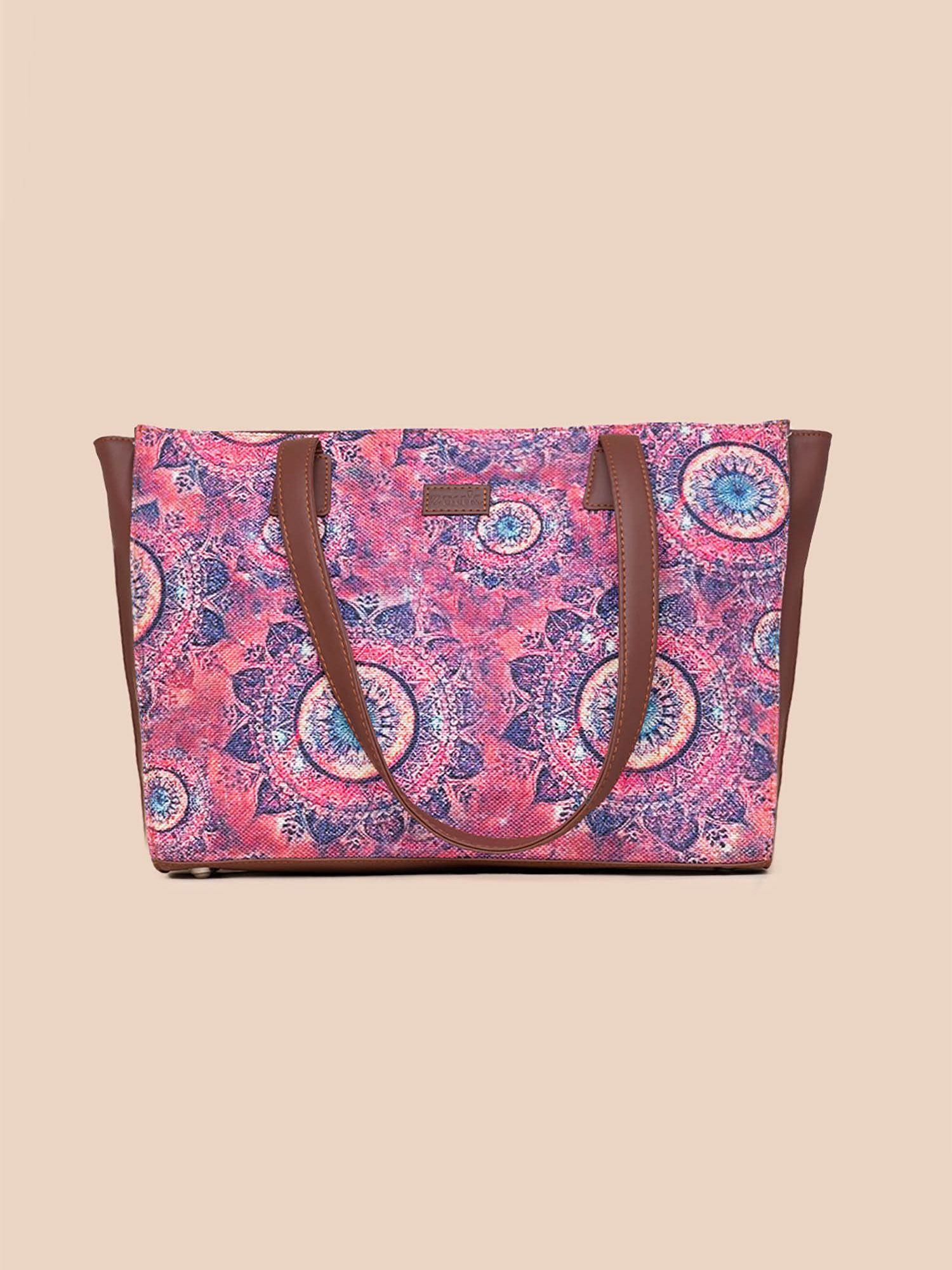 women pink color printed jute structured tote bag