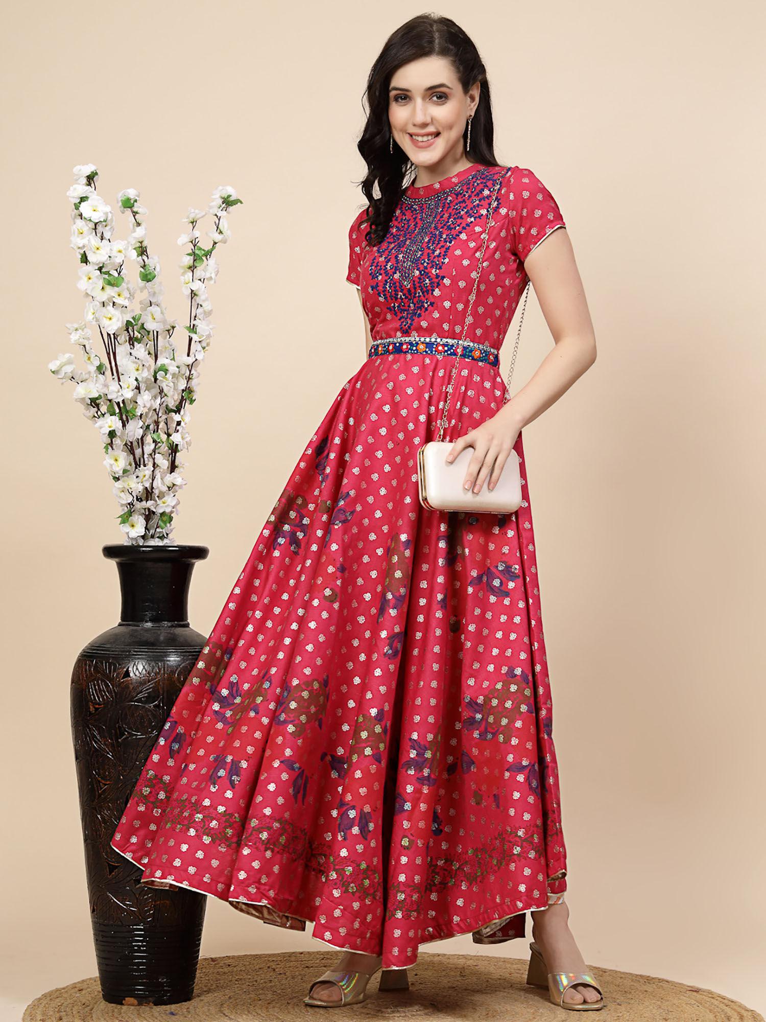 women pink colour embroidered maxi dress