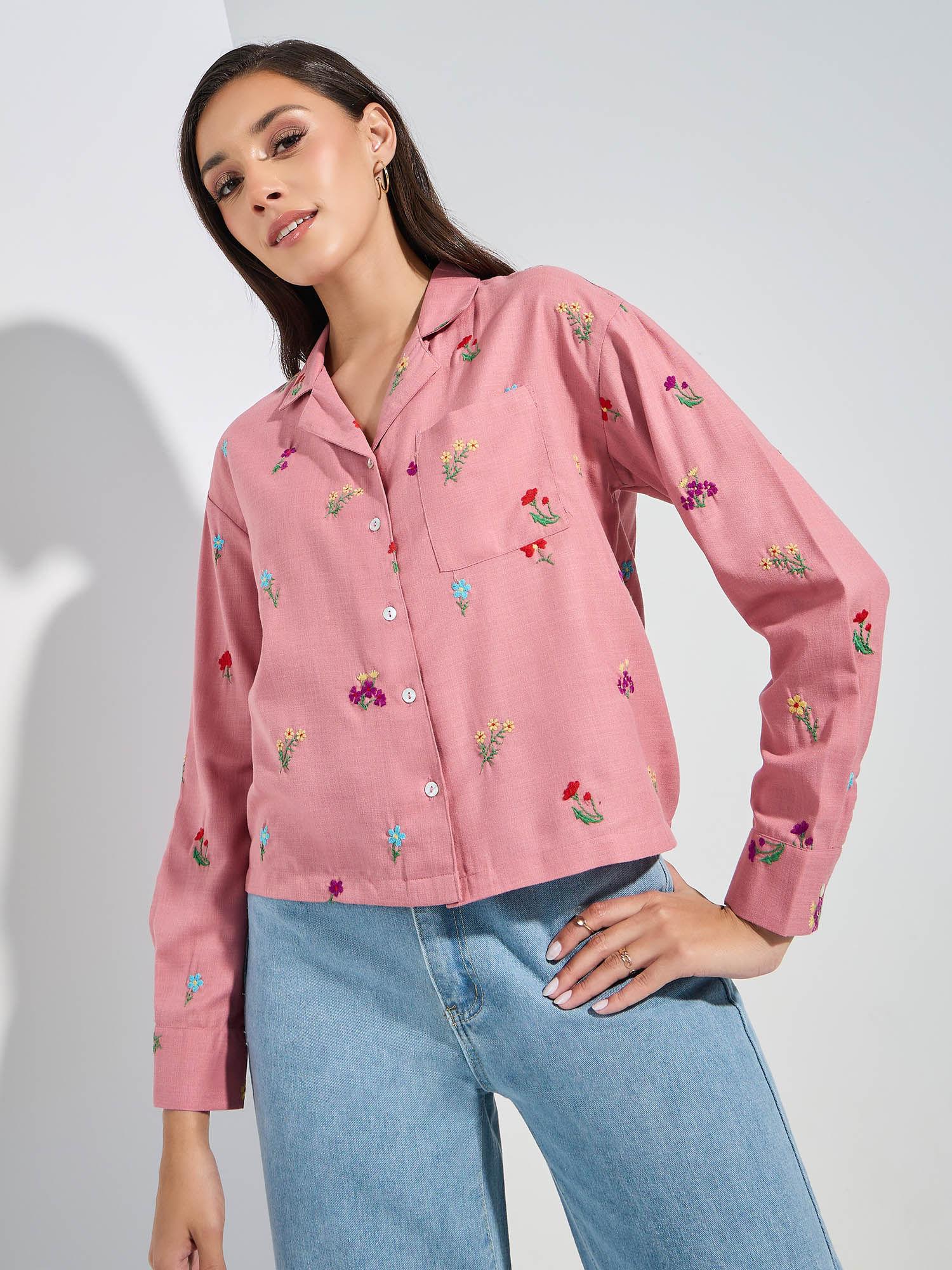 women pink cotton all over embroidered shirt with full length sleeves