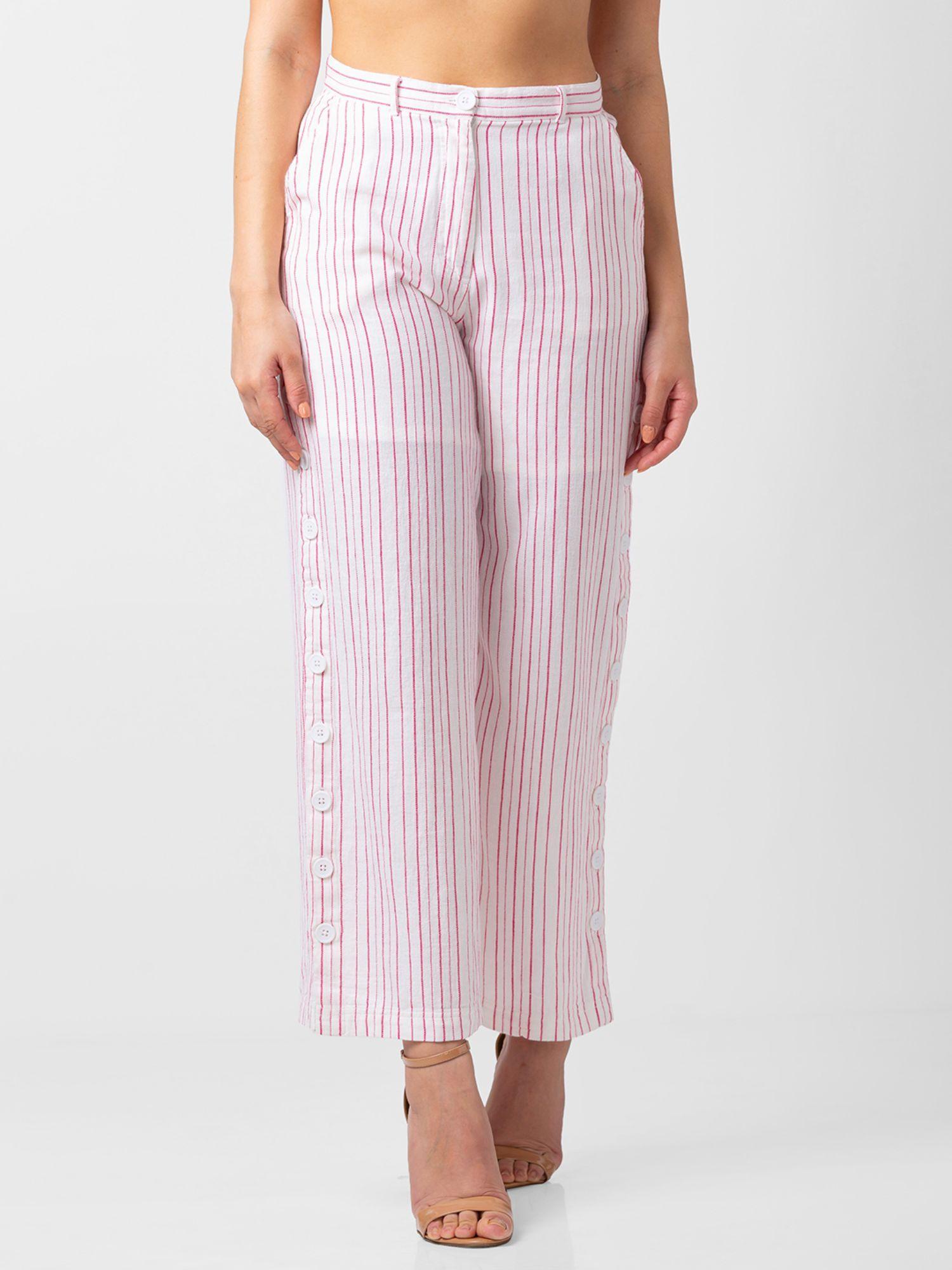 women pink cotton blend bootcut fit ankle length striped pants