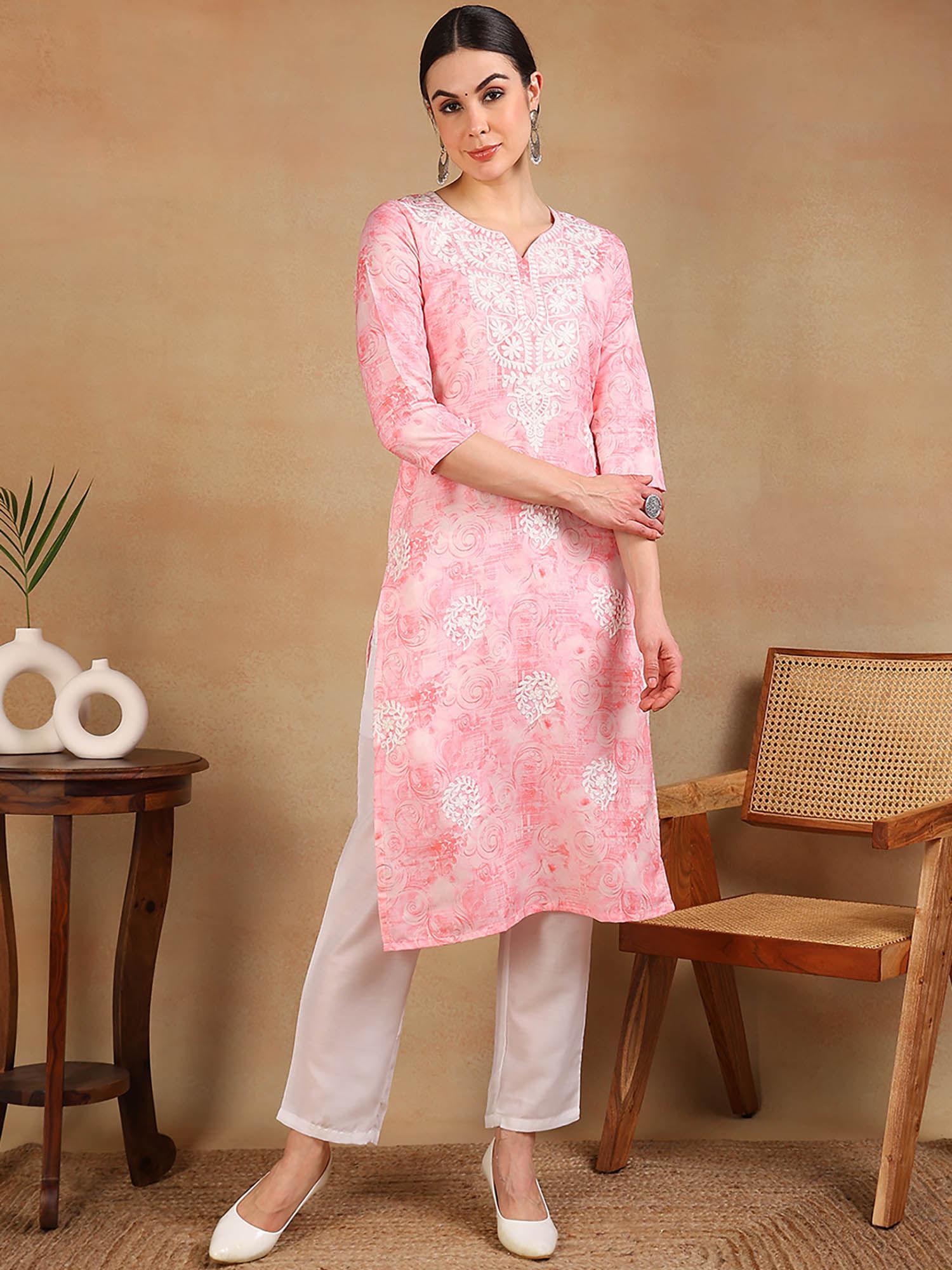 women pink cotton blend embroidered printed straight kurta