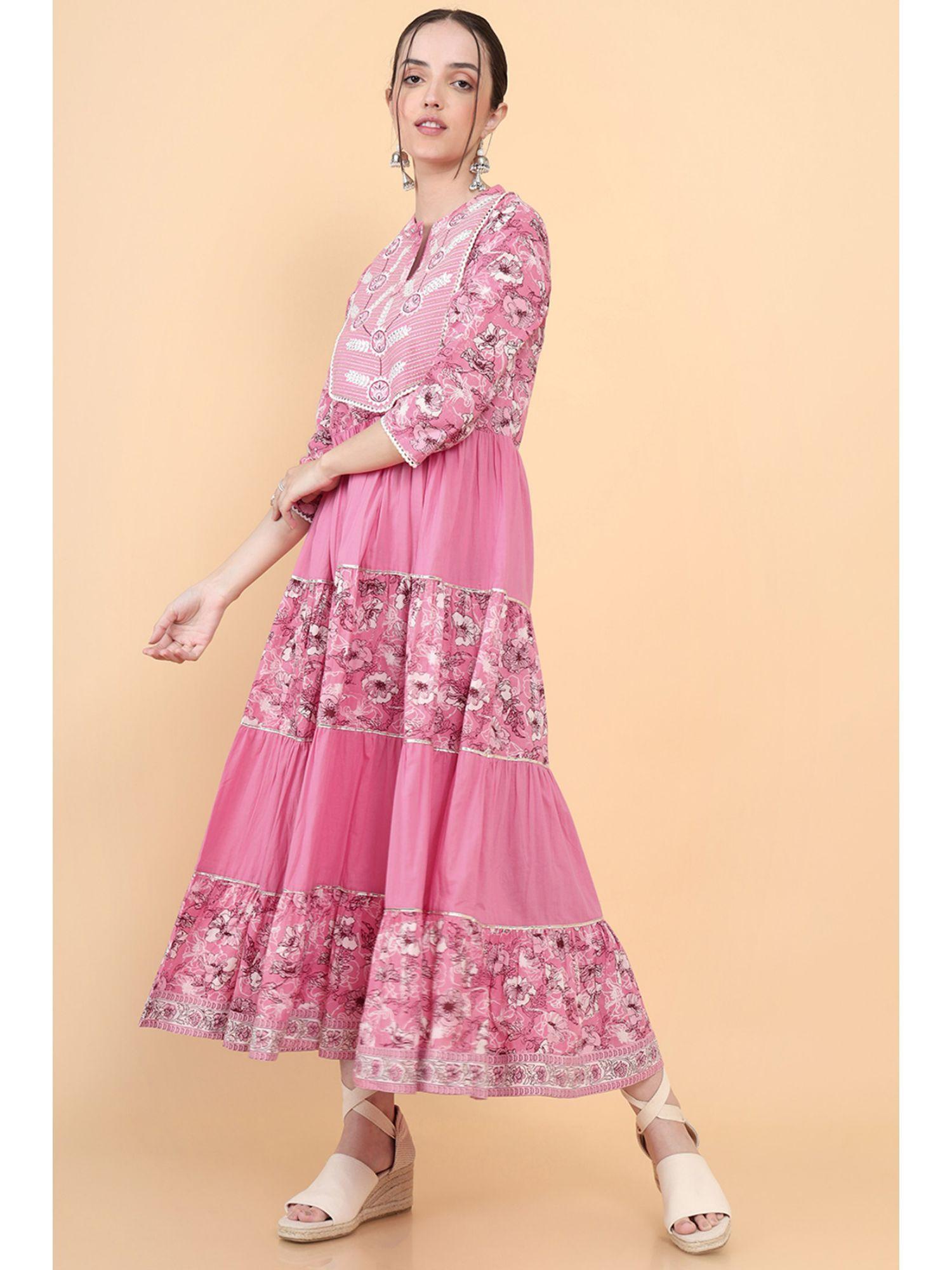 women pink cotton floral kurta