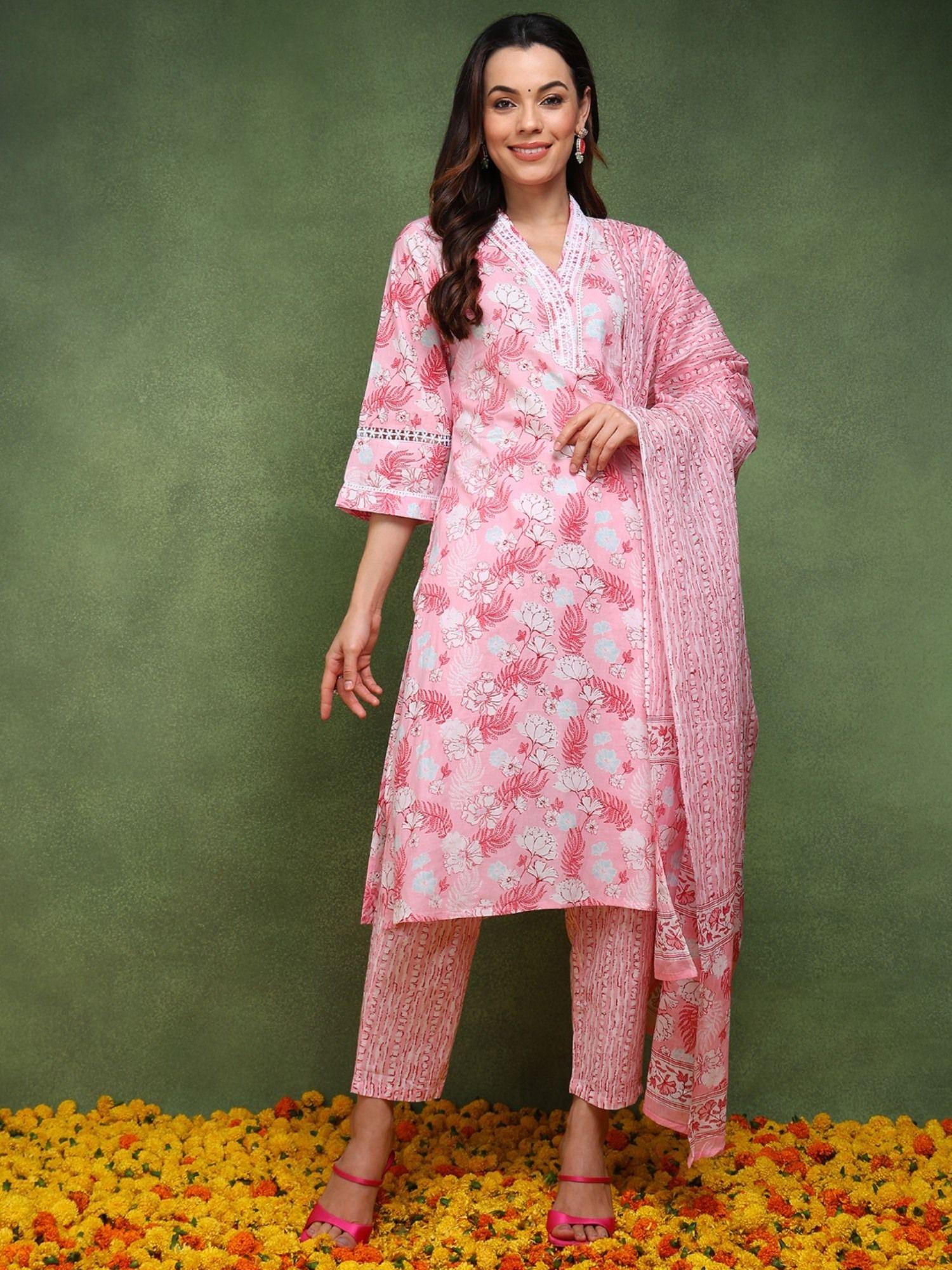 women pink cotton floral printed straight kurta with pant and dupatta (set of 3)