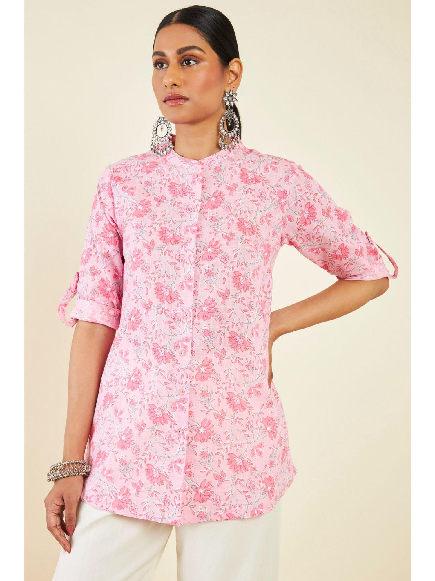 women pink cotton floral tunic