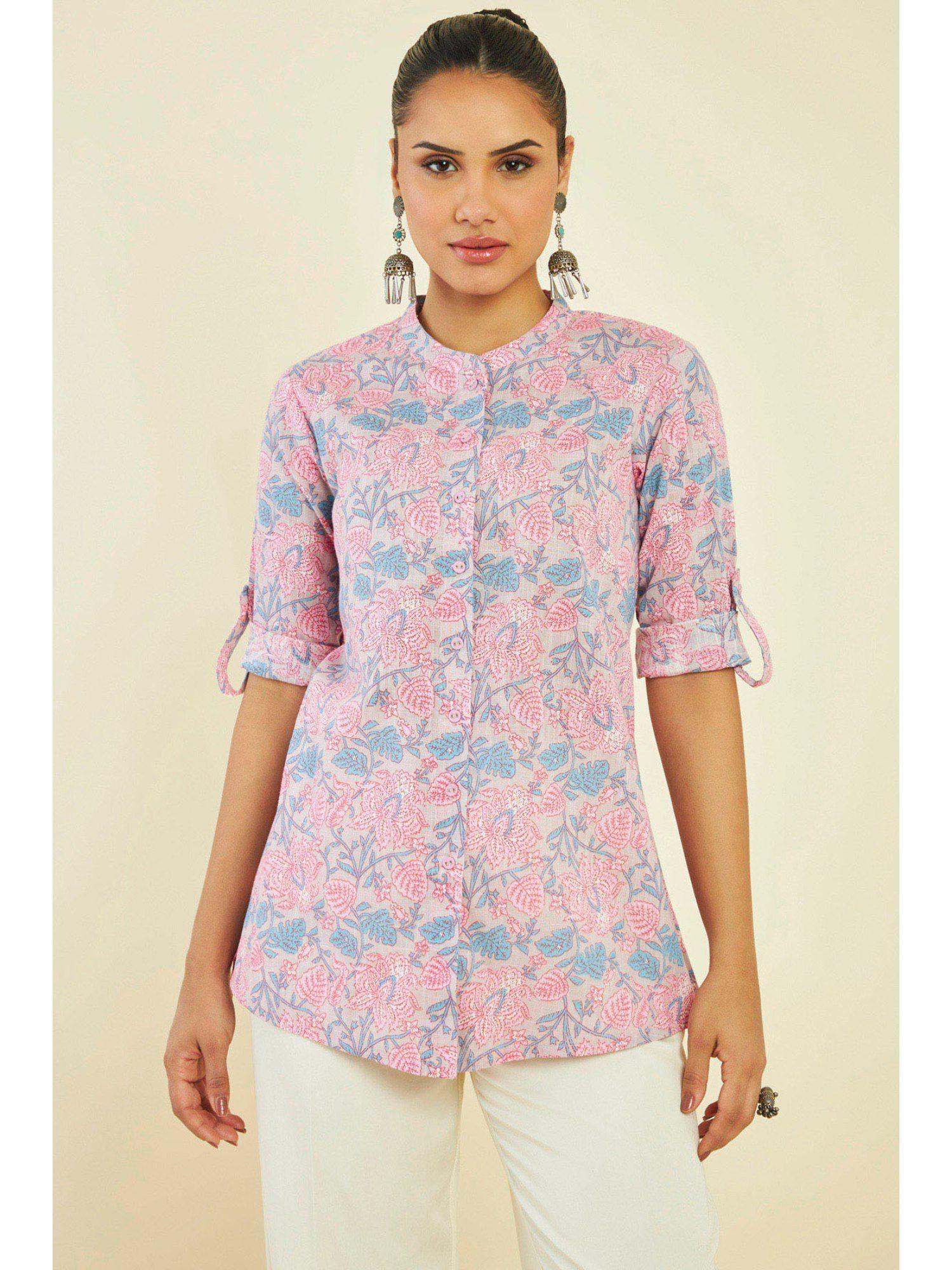 women pink cotton floral tunic