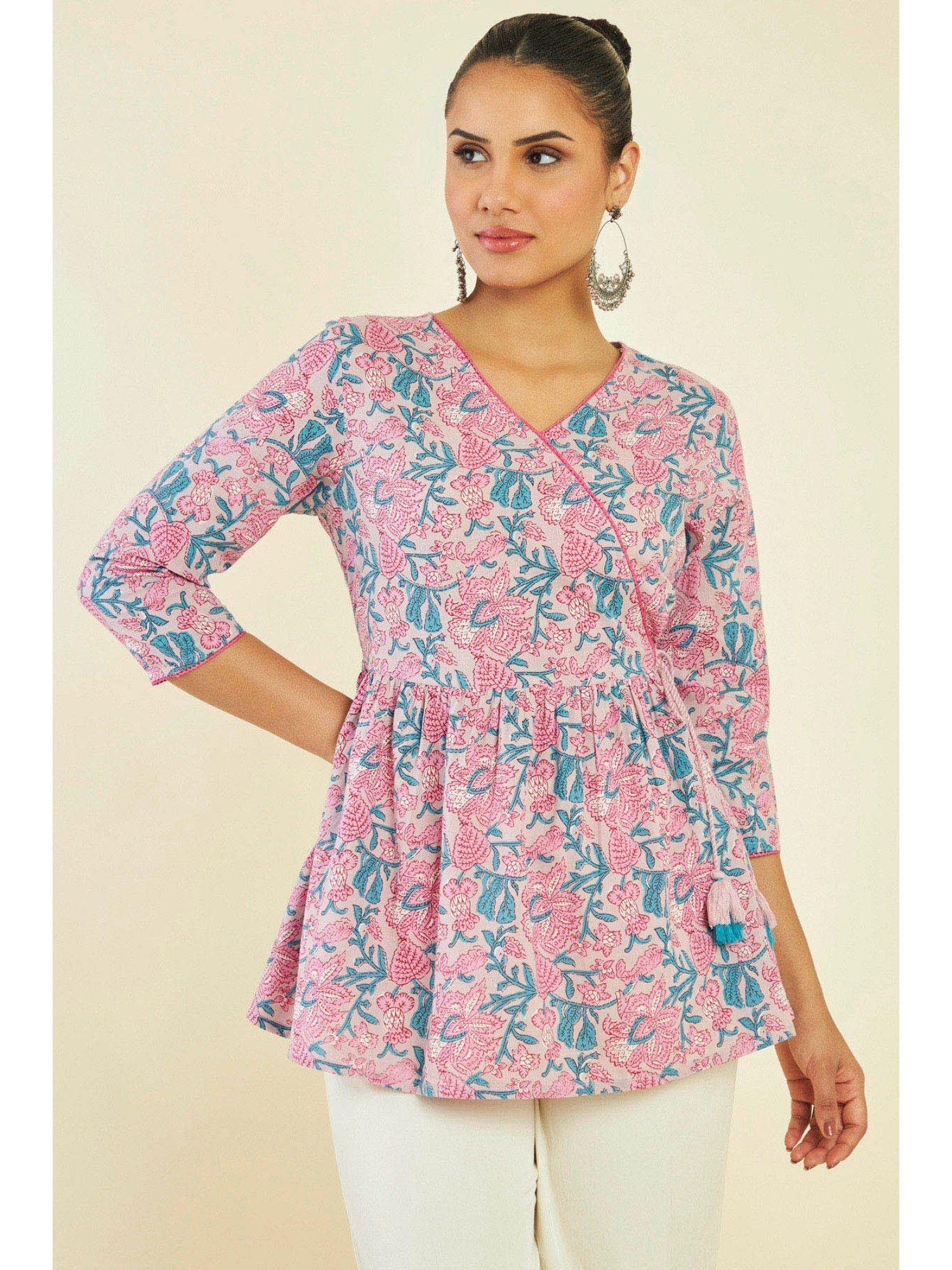 women pink cotton floral tunic