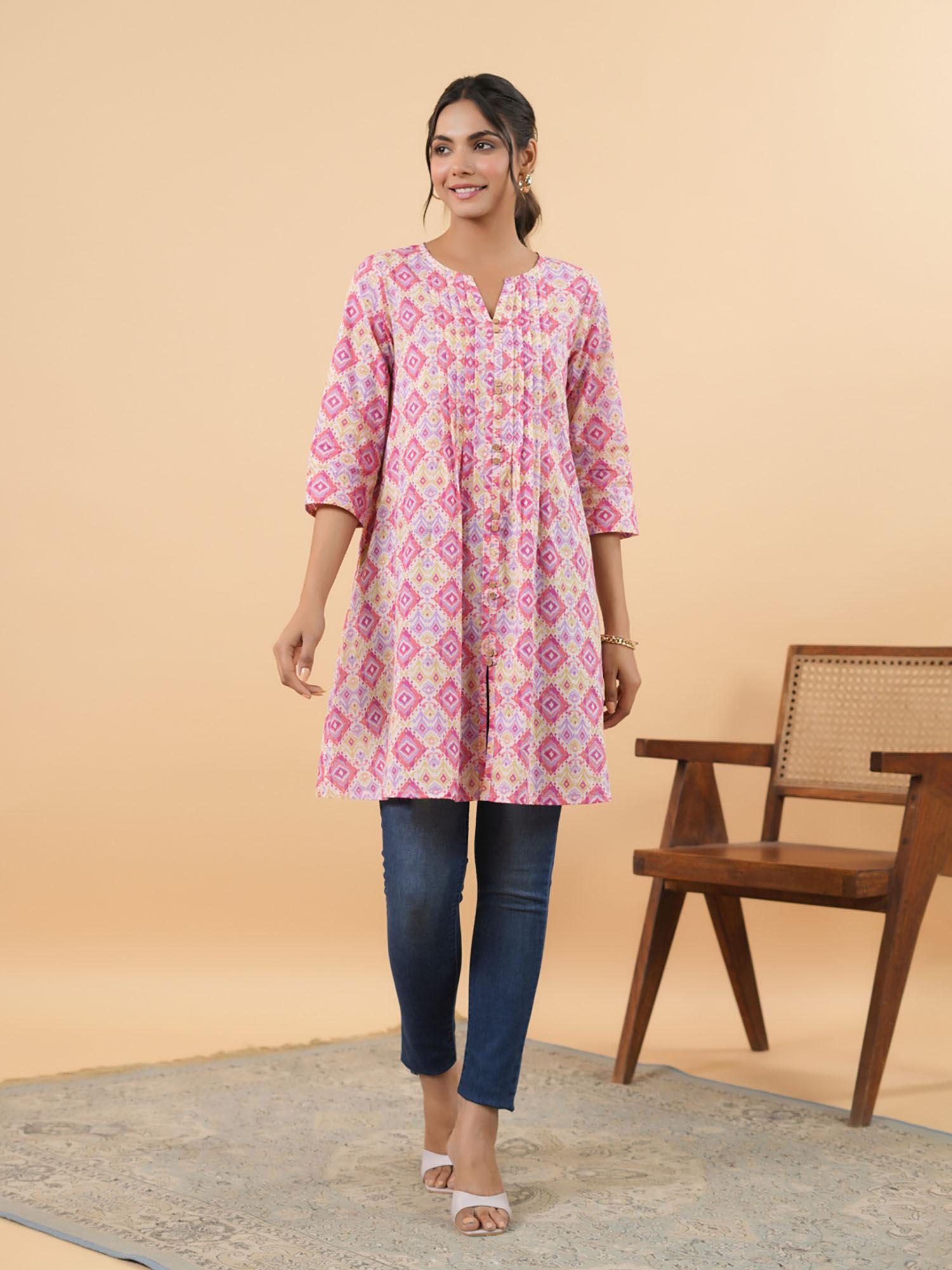 women pink cotton ikkat pleated tunic