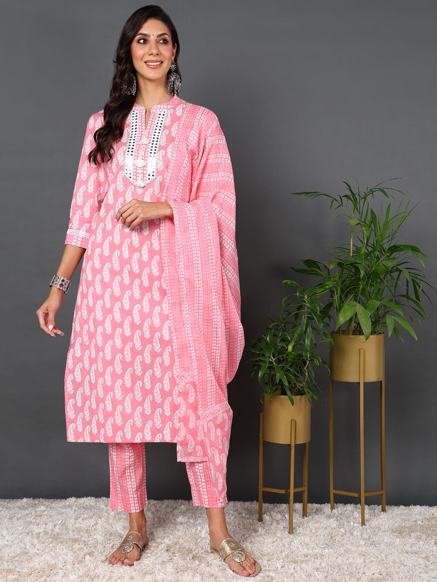 women pink cotton paisley yoke design straight kurta pant with dupatta (set of 3)
