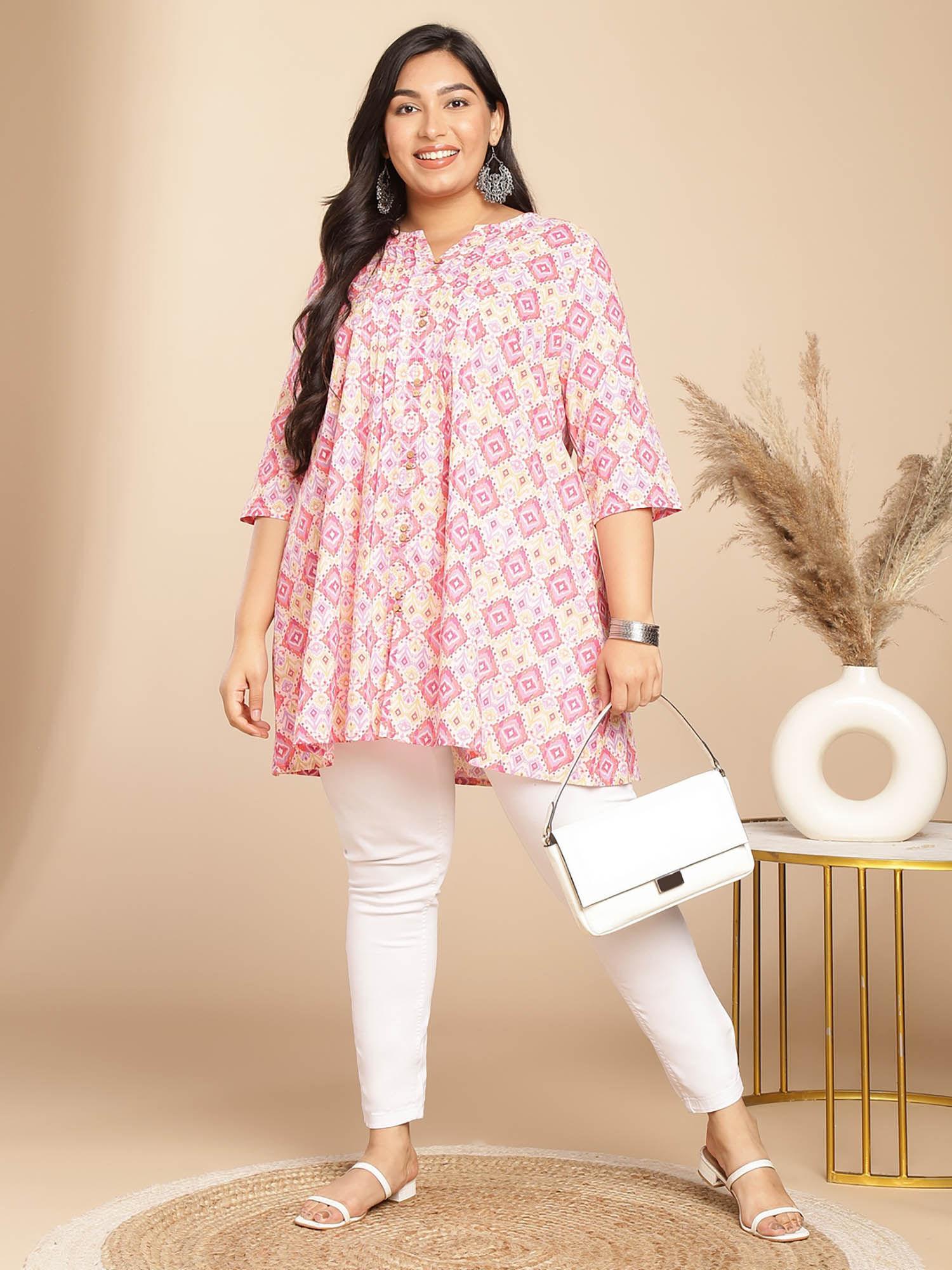 women pink cotton pleated printed tunic