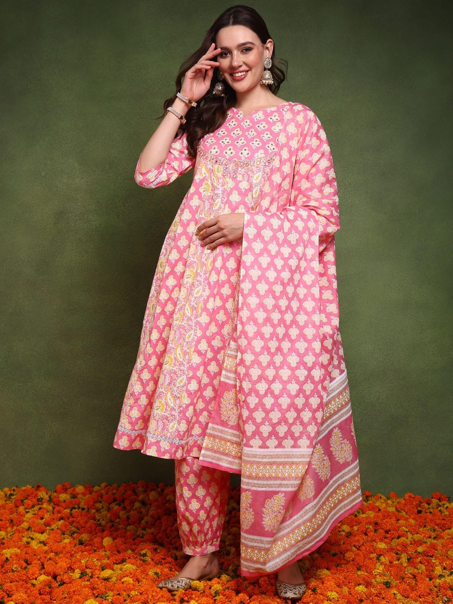 women pink cotton printed anarkali kurta with salwar and dupatta (set of 3)