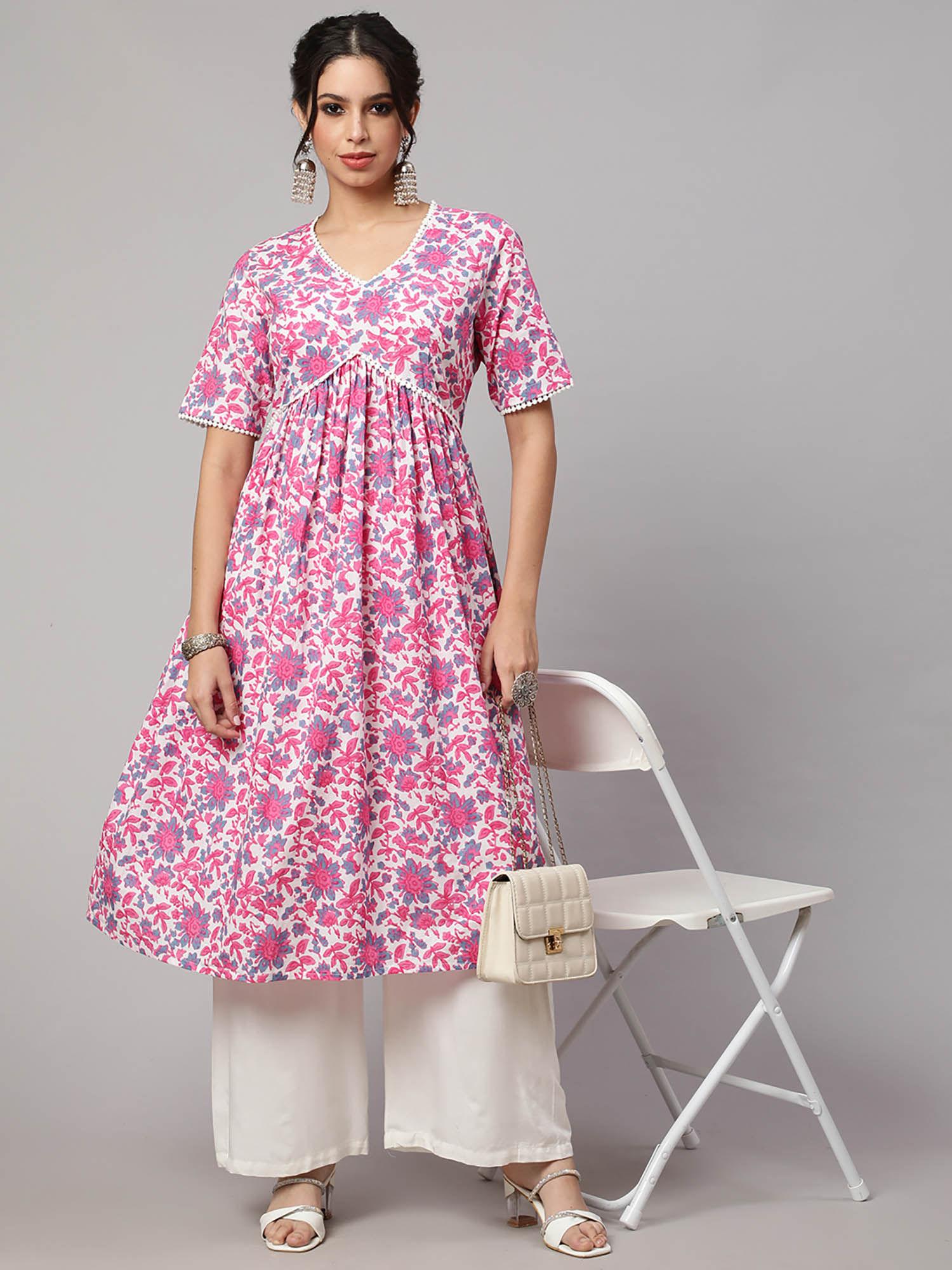 women pink cotton printed calf length flared kurta