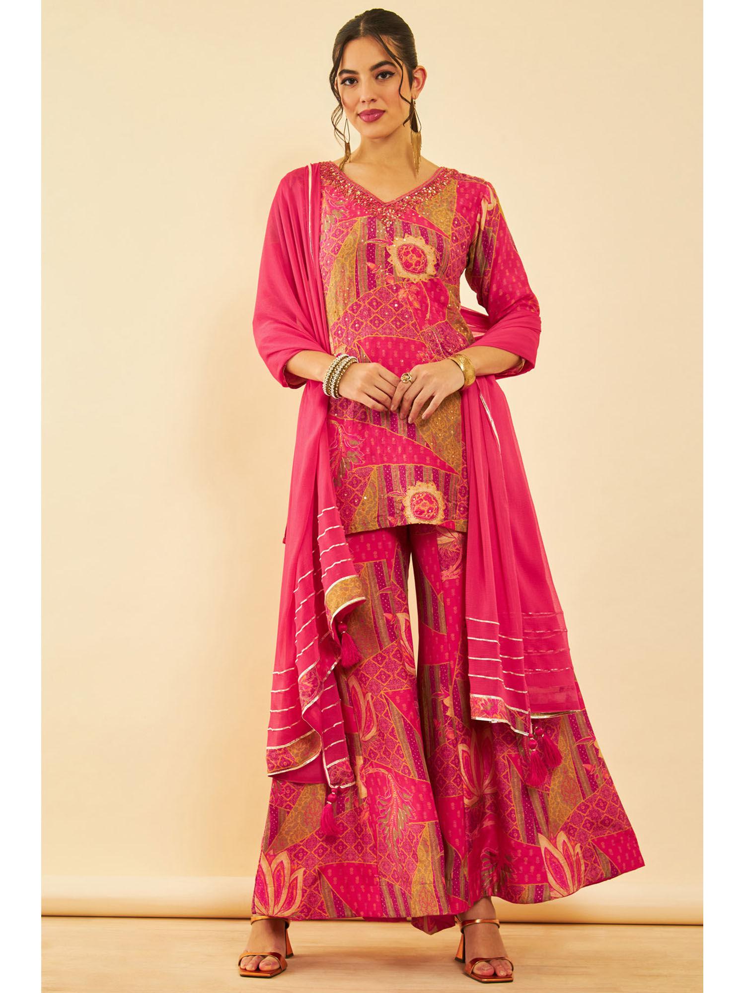 women pink cotton printed kurta with palazzo & dupatta (set of 3)