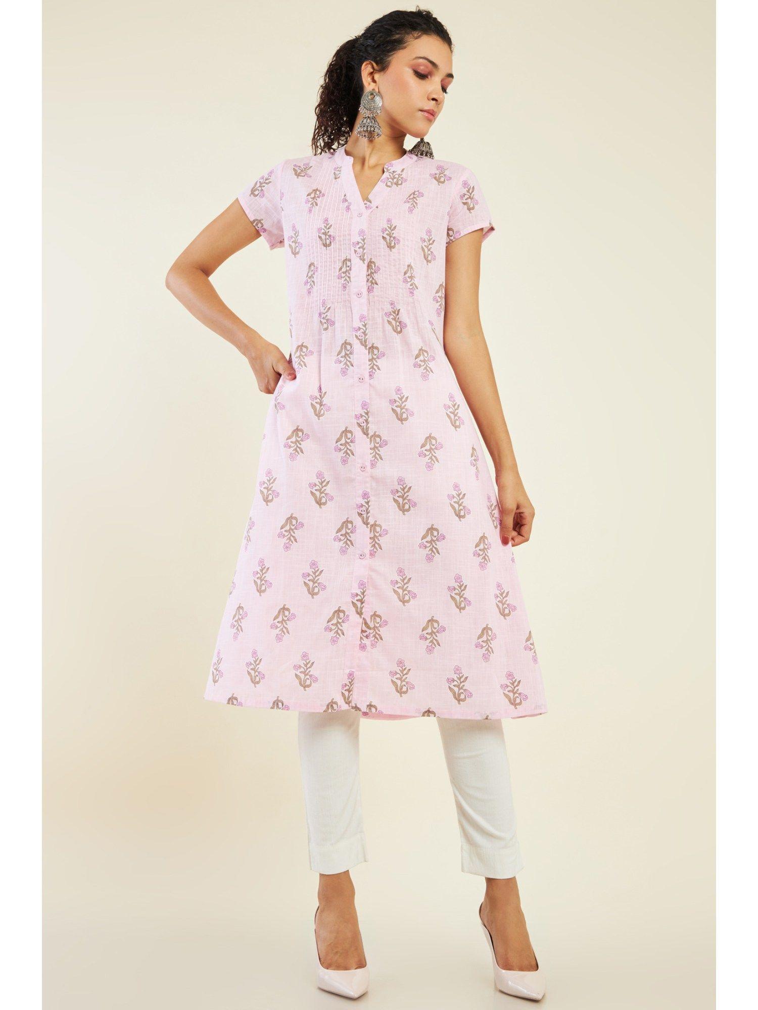 women pink cotton printed kurta