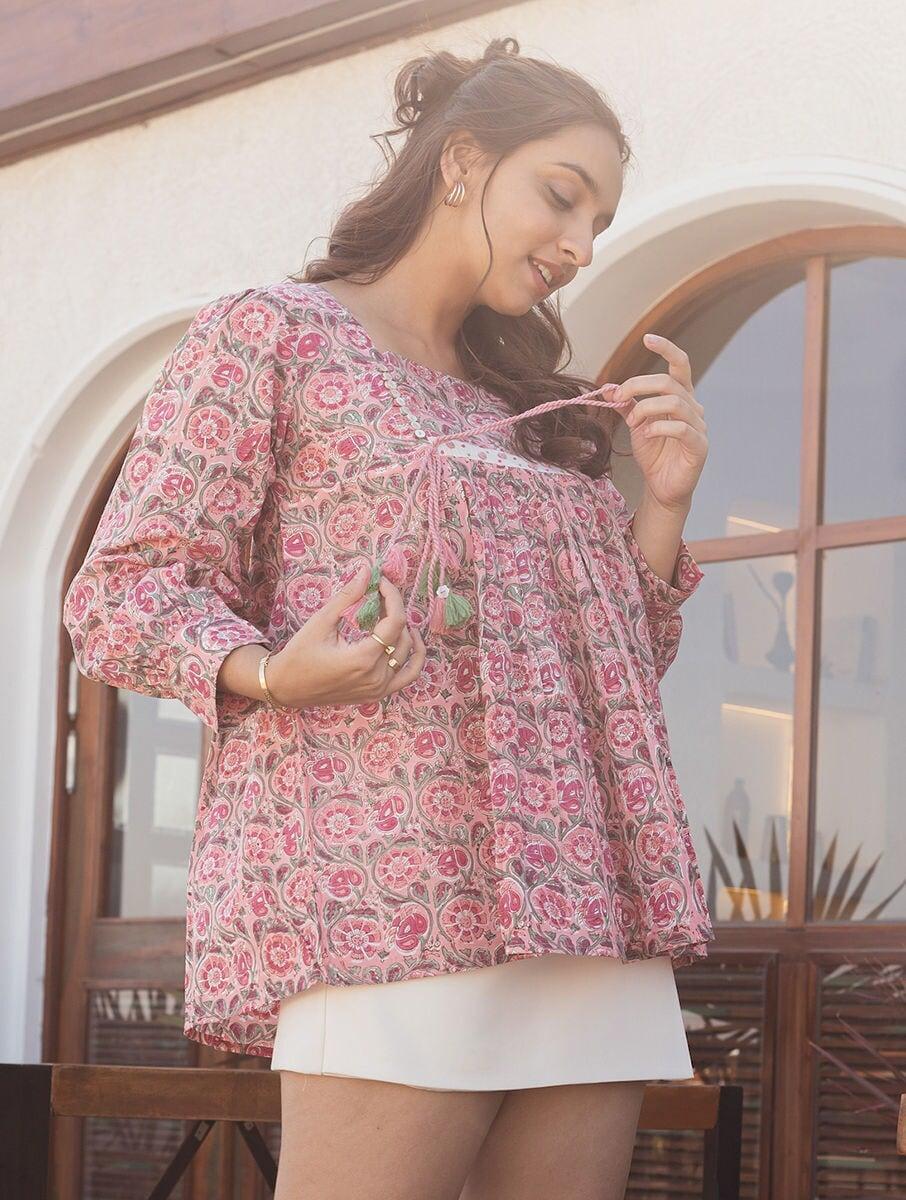 women pink cotton printed square neck regular fit tops