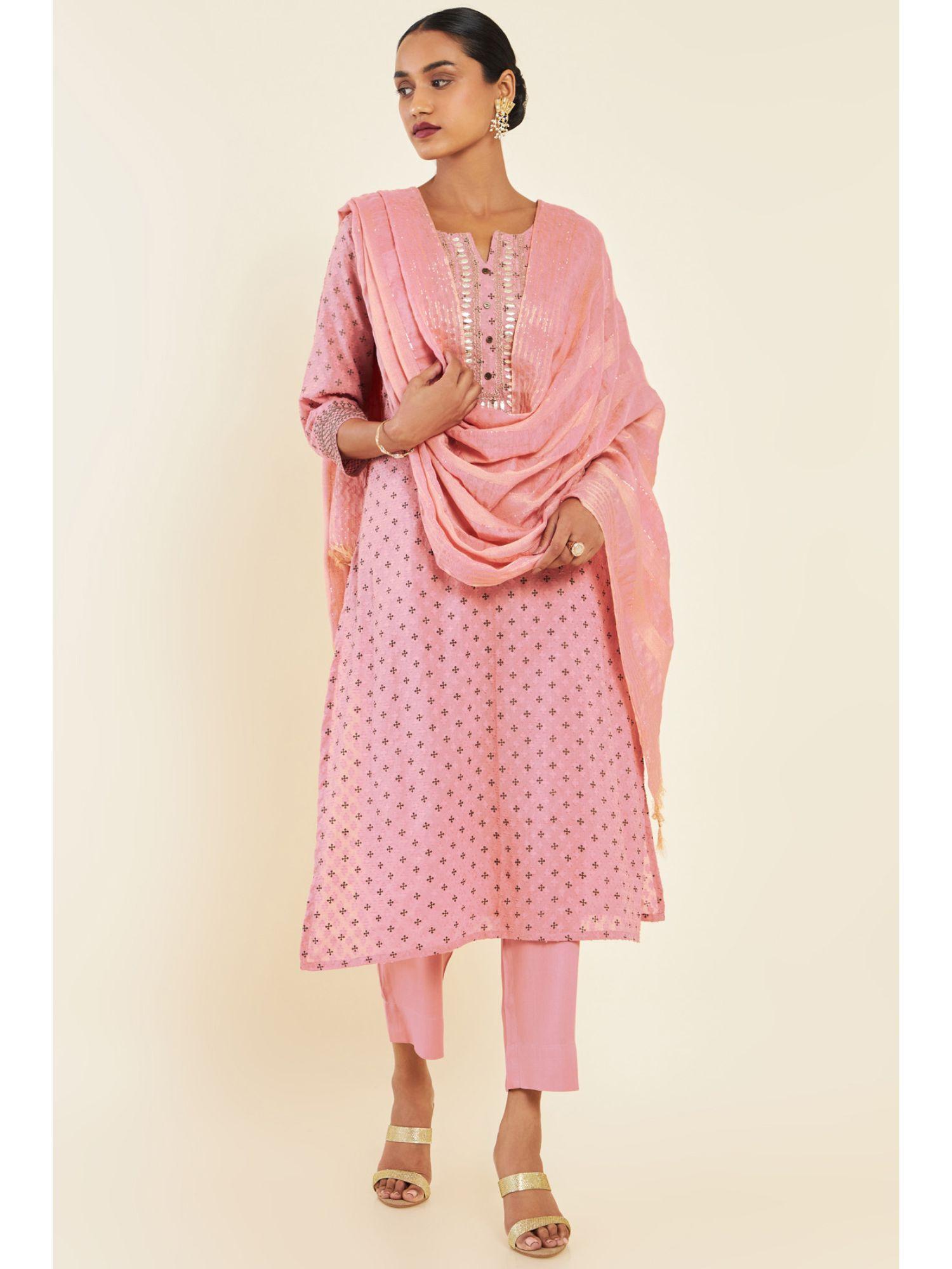 women pink cotton printed suit (set of 3)