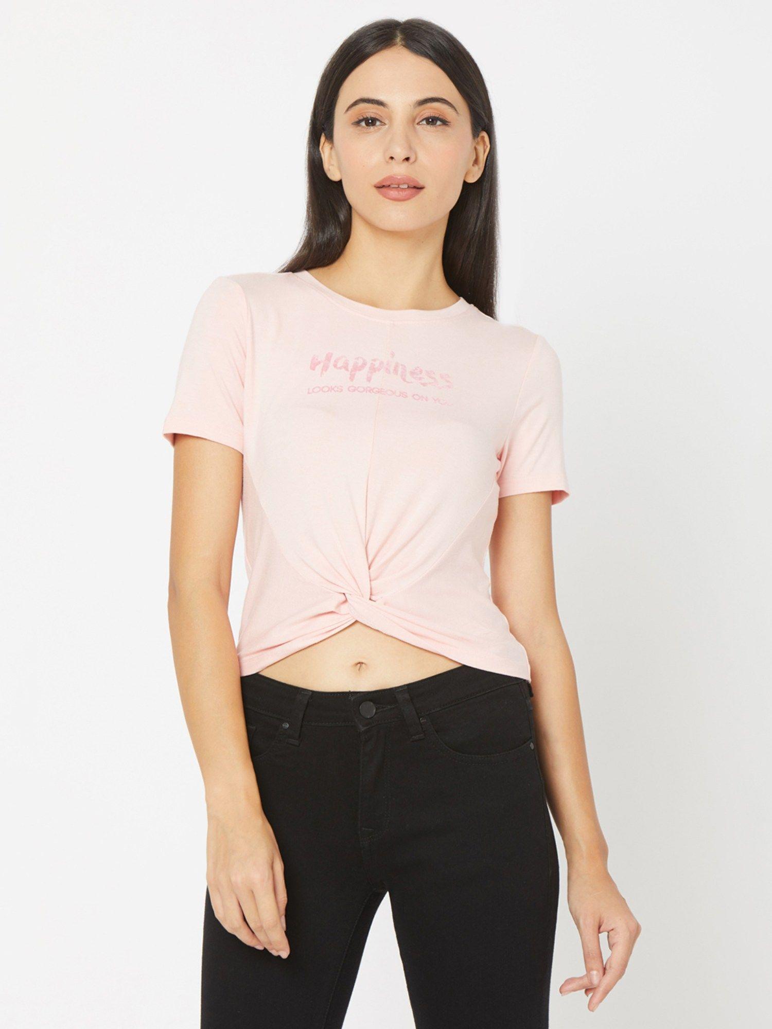 women pink cotton regular fit round neck crop top