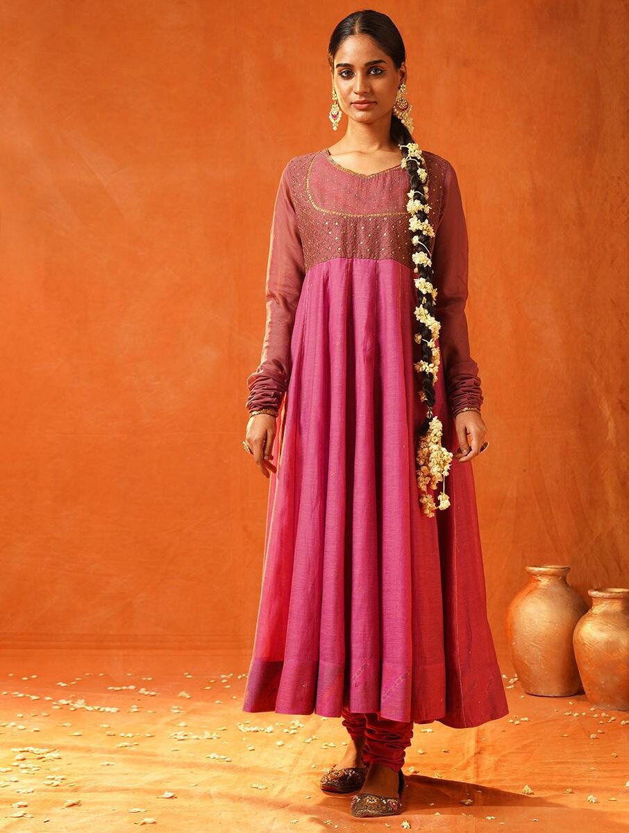 women pink cotton silk hand embroidery round neck anarkali kurta with churidar