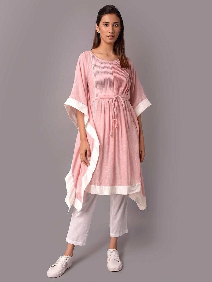 women pink cotton solid round neck kaftan