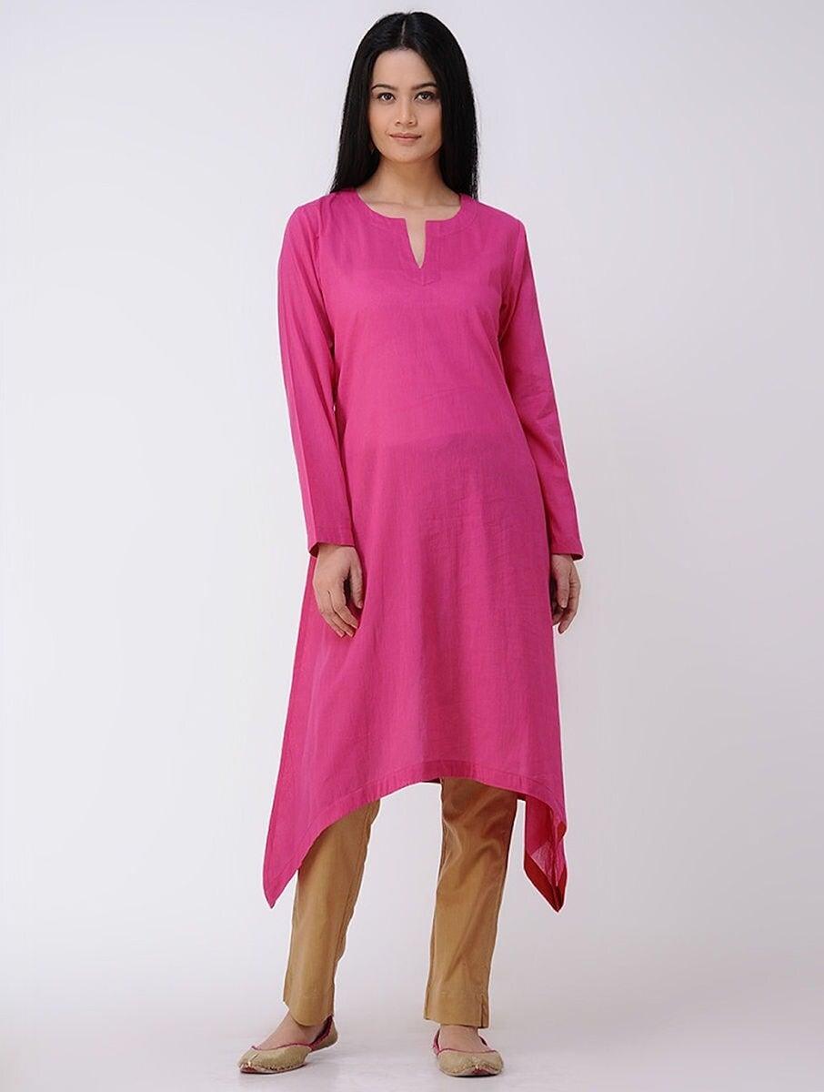 women pink cotton solid scoop neck regular fit kurta