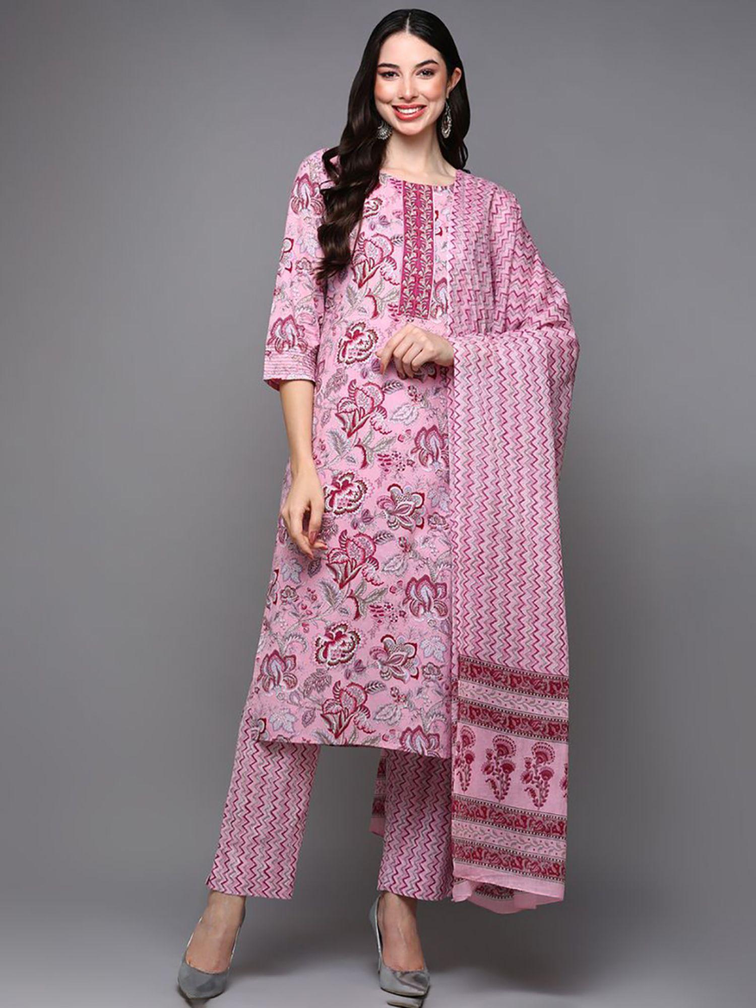 women pink cotton straight kurta pant with dupatta (set of 3)