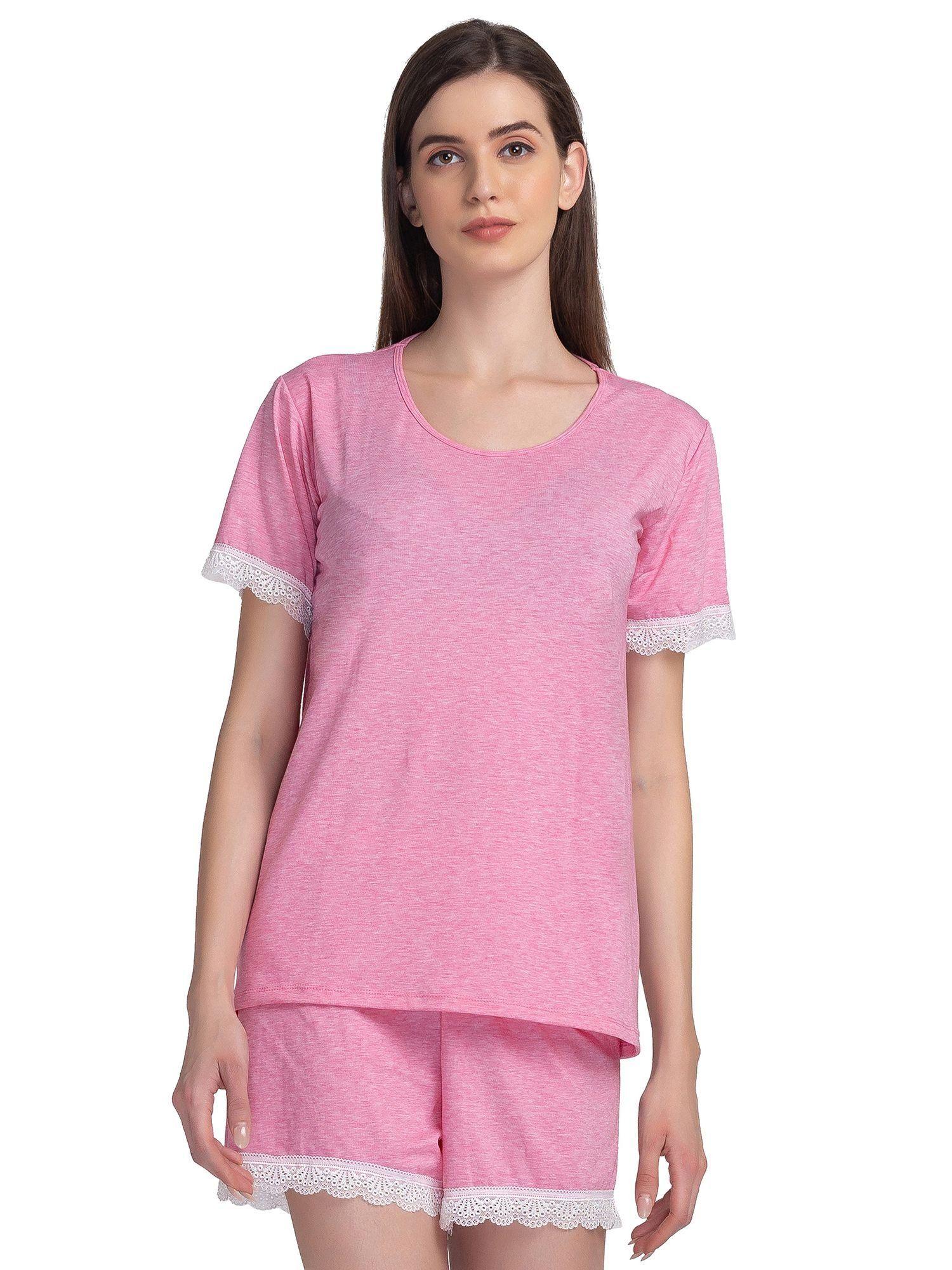 women pink cotton t-shirt with shorts night suit (set of 2)