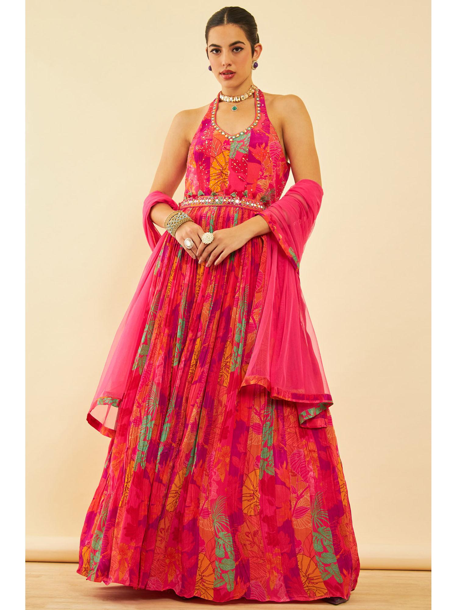 women pink crepe floral gown with belt & dupatta (set of 3)