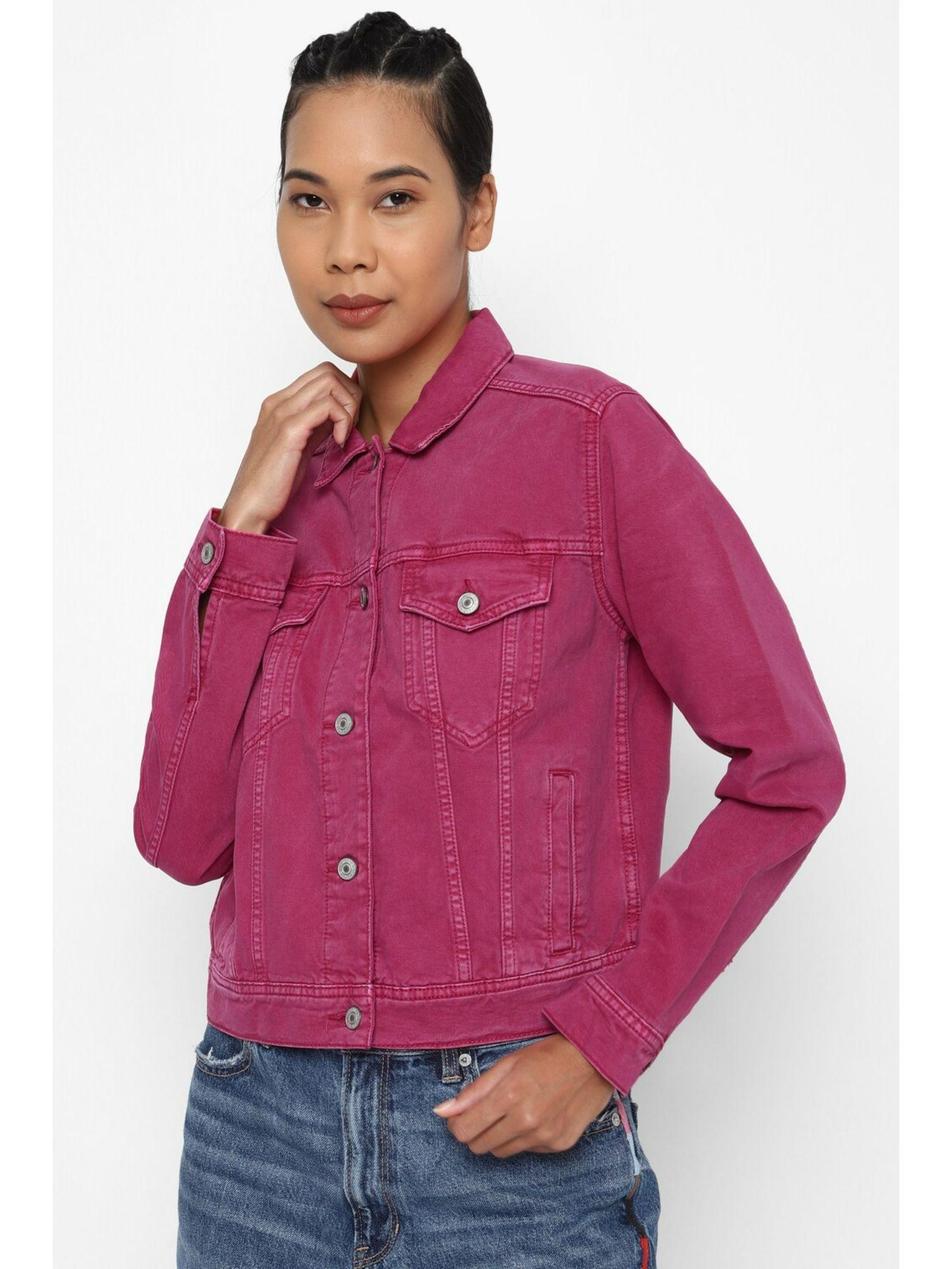 women pink cropped color denim jacket