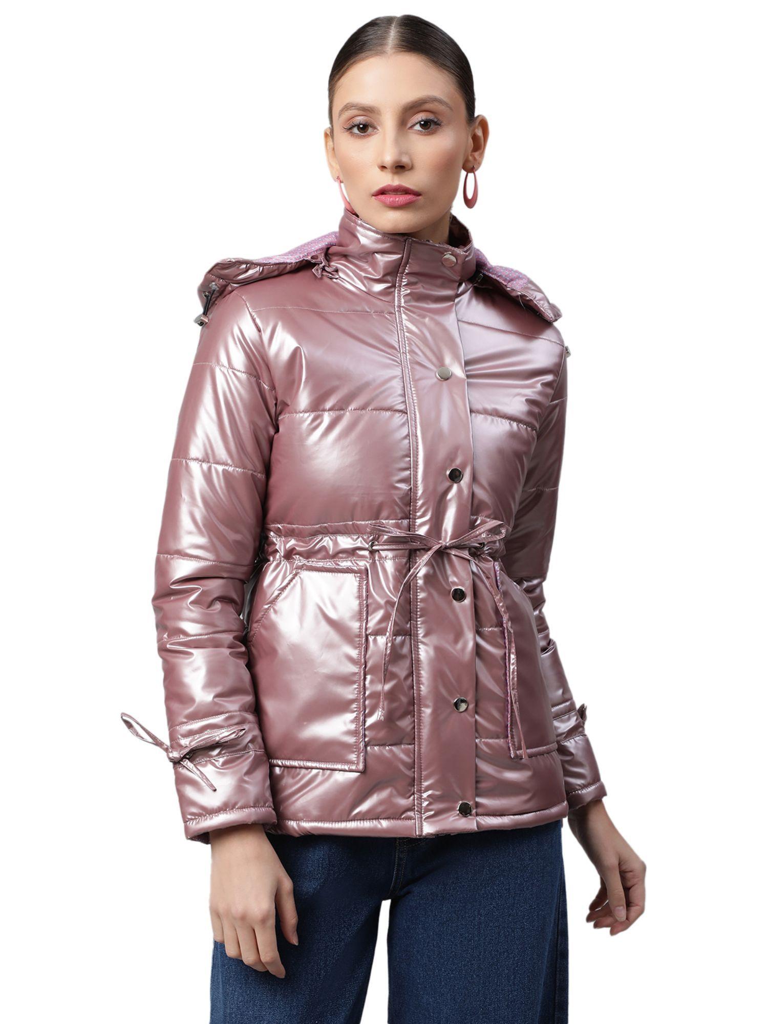 women pink detachable hood metallic puffer jacket