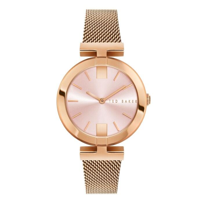 women pink dial and rose gold-tone stainless steel mesh bracelet watch