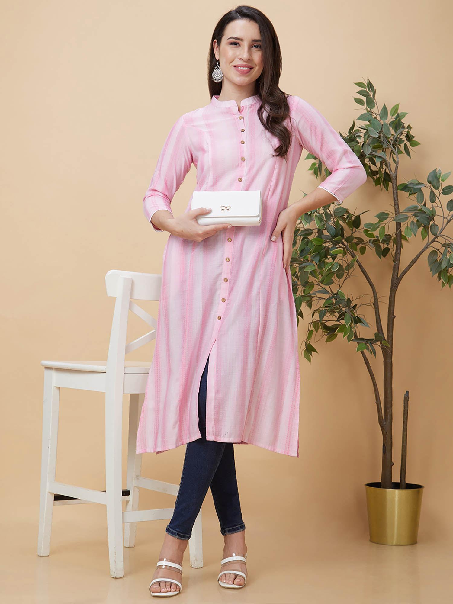 women pink dobby woven design mandarin collar a-line kurta