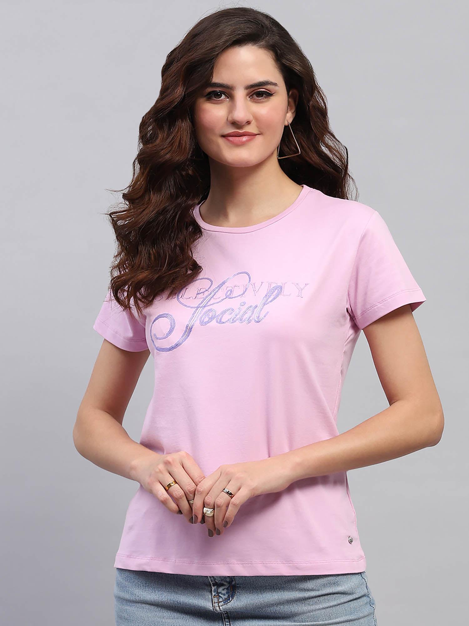 women pink embellished half sleeves round neck top