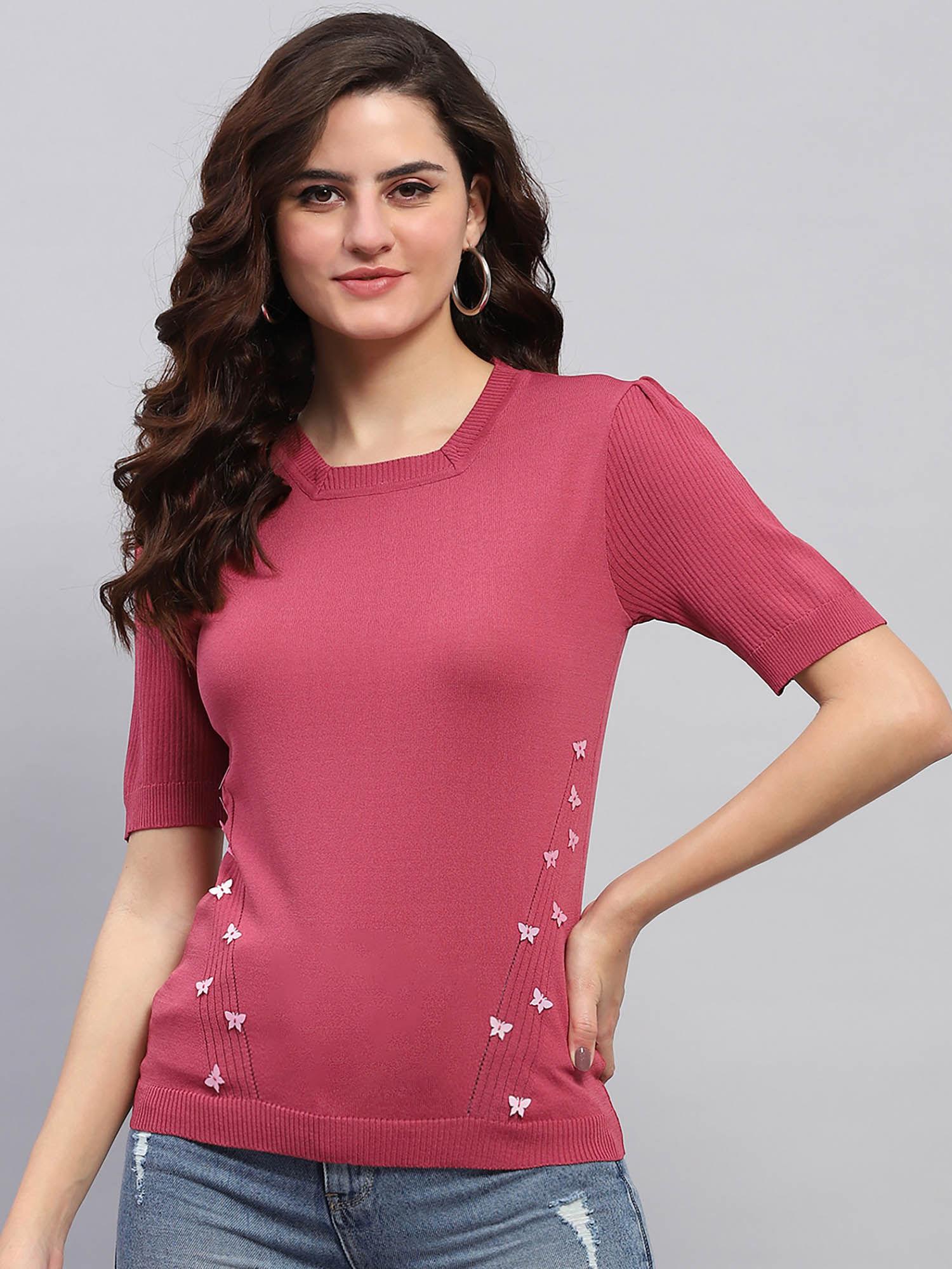 women pink embellished half sleeves square neck top