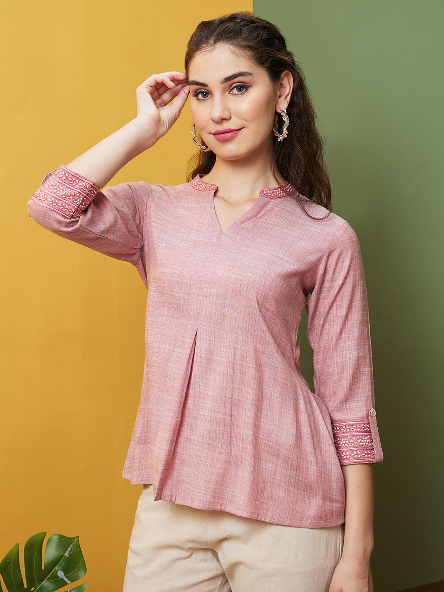 women pink embroidered mandarin collar flared hem a-line tunic