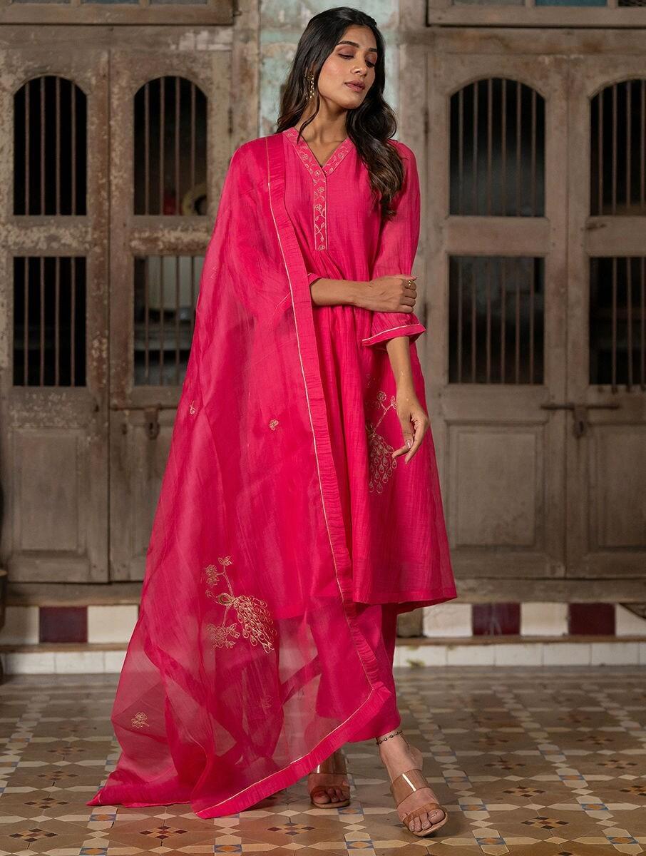 women pink embroidered mandarin collar straight regular kurta with pants