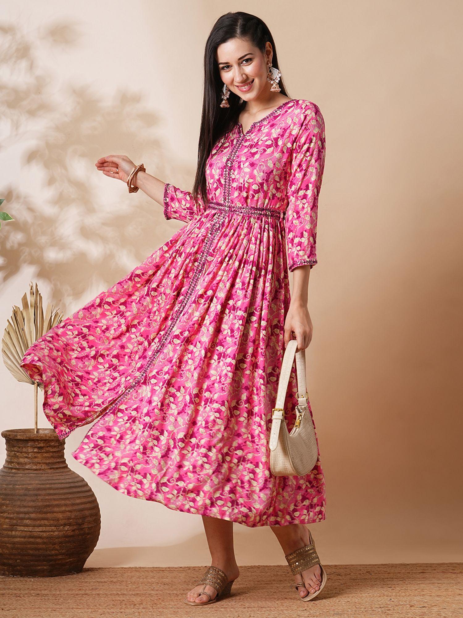 women pink embroidered neckline floral print front slit a-line fusion midi dress with belt