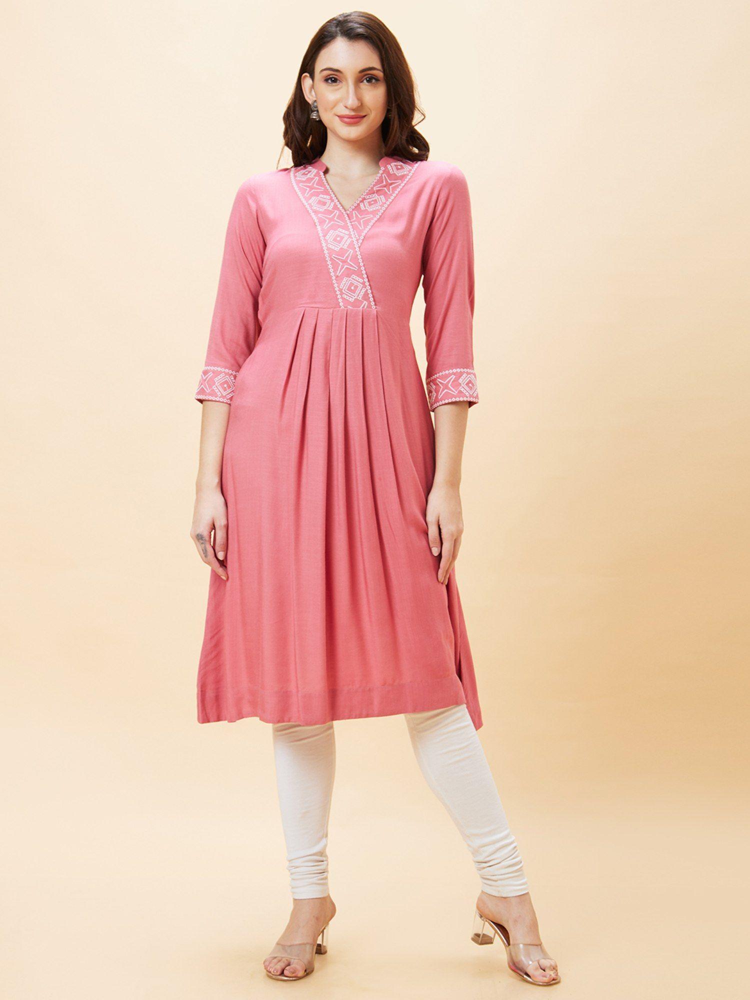 women pink embroidered overlapping neckline mandarin collar a-line kurta